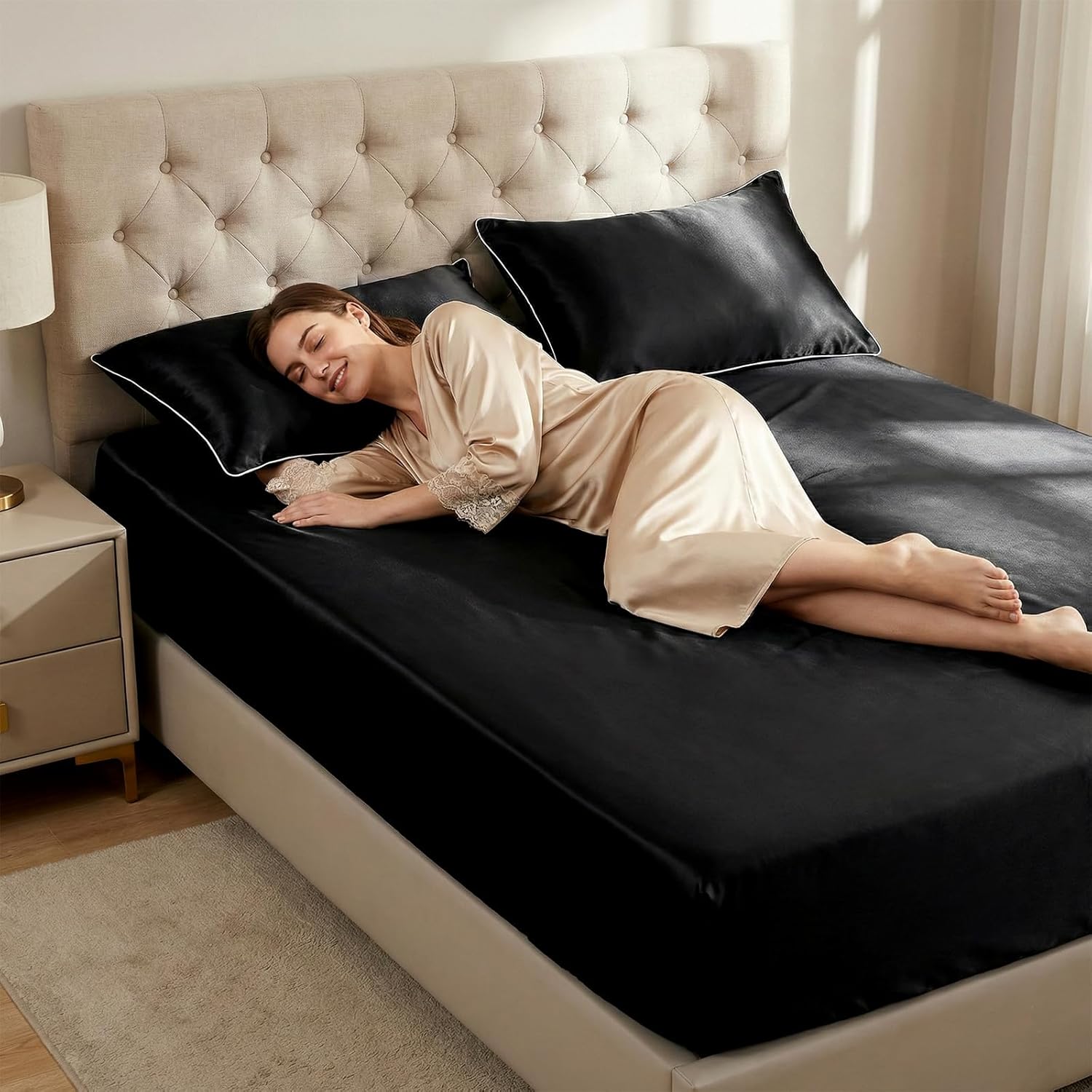 Thmyo 3-Piece Satin Bedding Set,Satin Fitted Sheet with Pillowcases,Soft Comfort Hypoallergenic Breathable Bedding Set (1 Fitted Sheet+2 Pillowcases) (Black, Twin)