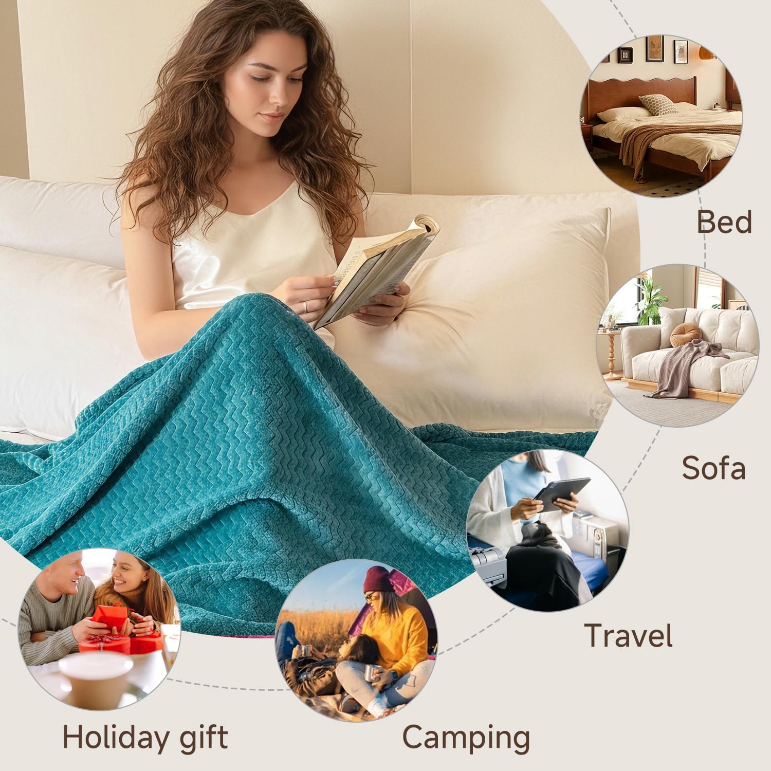 Simple&Opulence Teal Fleece Throw Blanket Lightweight Super Soft Cozy Flannel Blanket with Wave Textured for Sofa Couch Bedroom Decor Camping 50x60 Inches All Season Use（Wave Teal