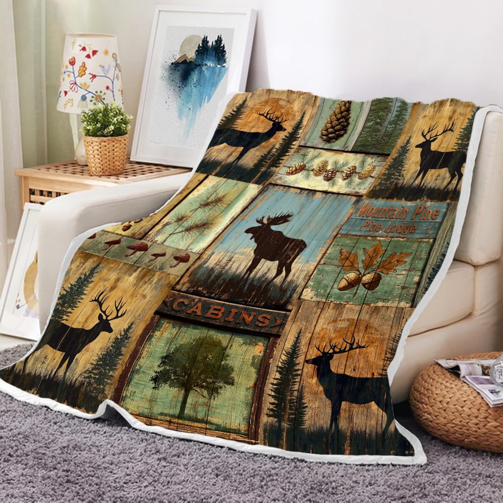 Rustic Cabin Throw Blankets, Farmhouse Country Antique Bear Moose Forest Vintage Wood Cozy Warm Bed Couch Blanket, Hunting Camping White Fleece Flannel Throws to Decorate The Room and Bedroom