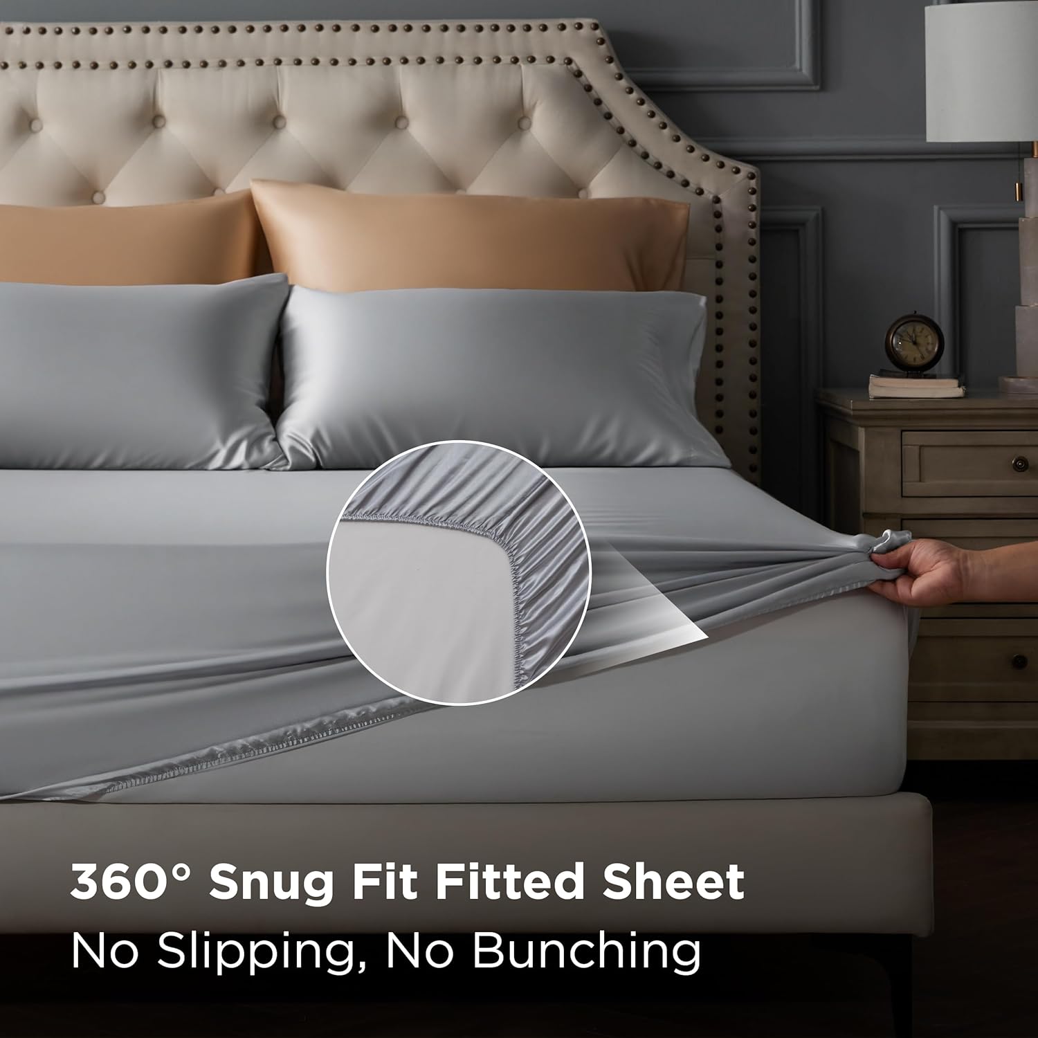 Bedsure Satin Sheets King Size - 4 Piece Silky Bedsheets with 15 Inches Deep Pocket Fitted Bedsheet,1 Flat Sheet, 2 Satin Pillowcases, Good for Hair & Skin (King, Silver Grey)