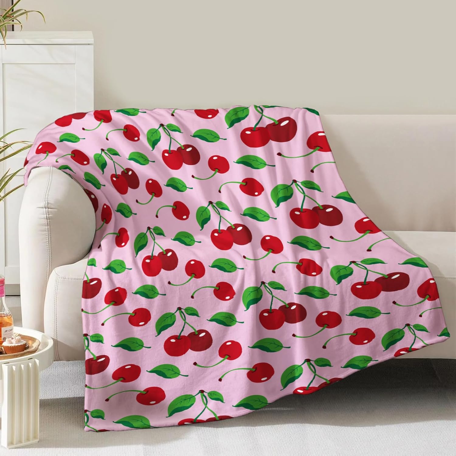 Cherries Blanket Gifts for Women Girls Mom Kids Adults Teen Birthday Christmas Valentine Present Pink Cherry Fruit Theme Decor Home Bedroom Living Room Sofa Couch Soft Cozy Plush Fleece Throw 60"x50"