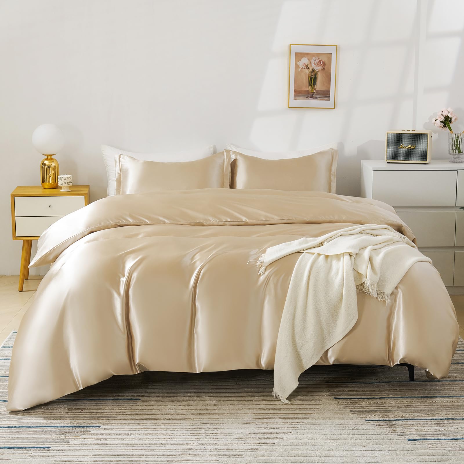 HOdo Home Satin Duvet Cover Queen Size, 3PCS Silk Like Comforter Cover, Ultra Soft and Breathable Bedding Set with Zipper Closure & Corner Ties (Pink)