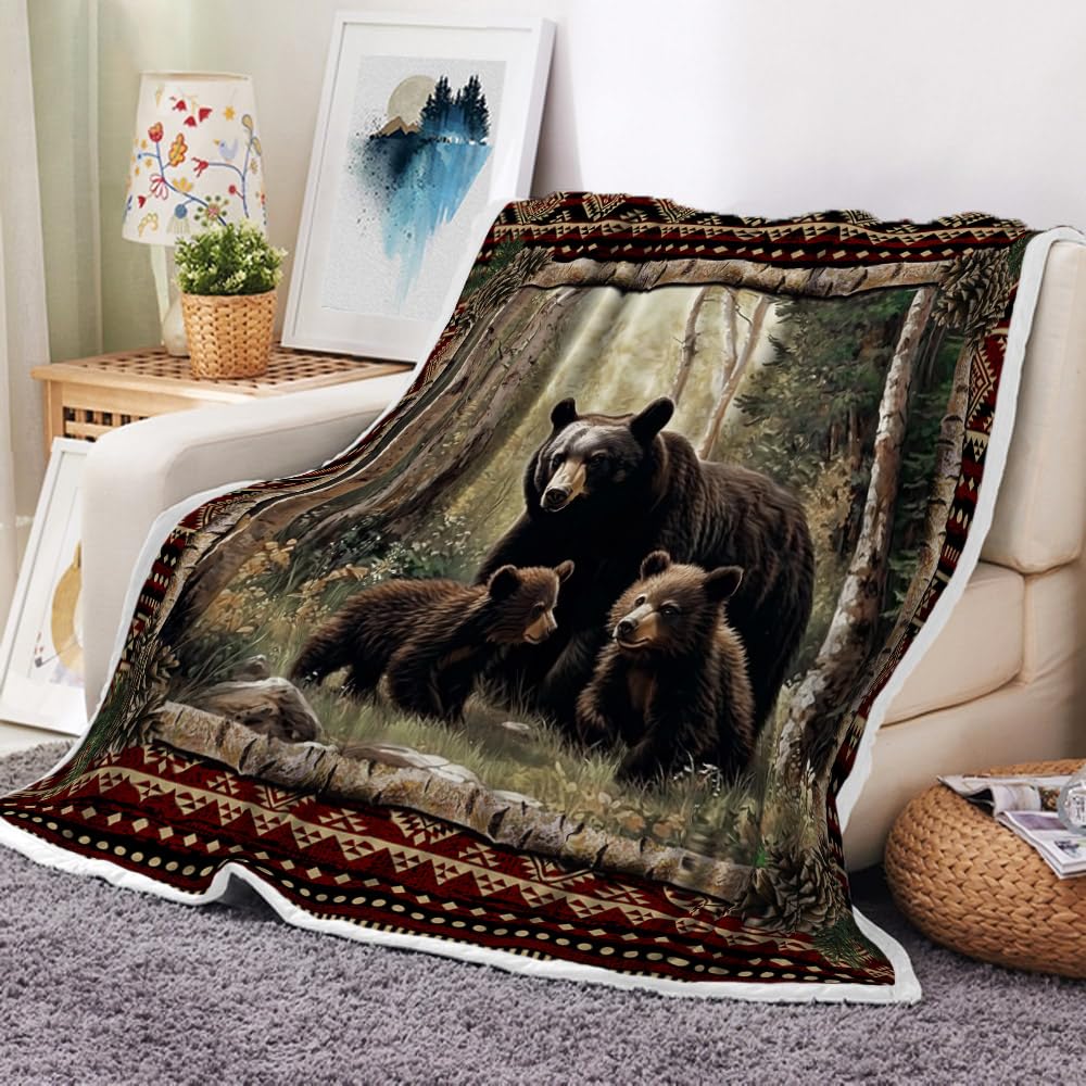 Torich Cabin Retro Rustic Lodge Flannel Throw Blankets, Bear Deer Country Hunting Wild Animal Cozy Warm Bed Couch Blanket, White Fleece Flannel Throws to Decorate The Room and Bedroom Camping Travel