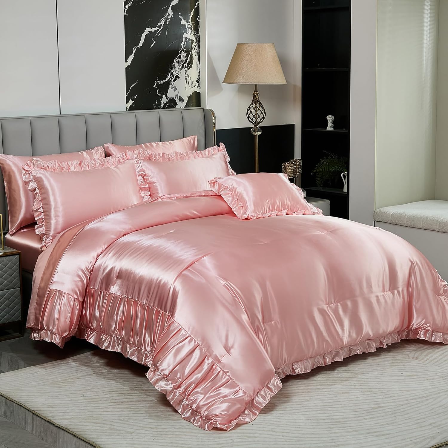 Herside Satin Pink Ruffle Comforter Set with Sheet Set Queen Size,8 Pieces Ruched Pleated Comforter Silk Like Satin Bedding Set,Soft Smooth Luxury Shabby Chic Silky Quilt Set for All Season