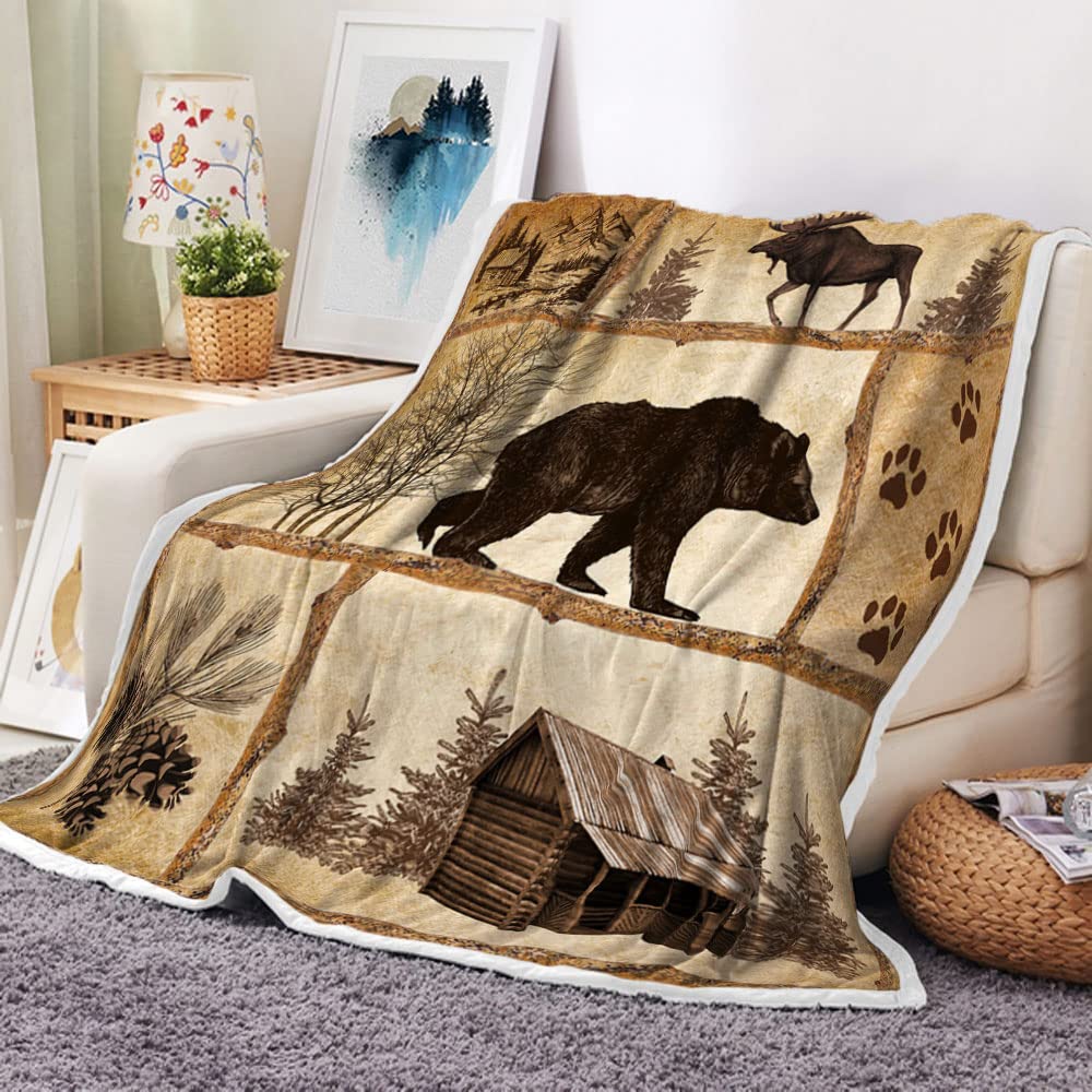 Rustic Cabin Throw Blankets, Farmhouse Country Antique Bear Moose Forest Vintage Wood Cozy Warm Bed Couch Blanket, Hunting Camping White Fleece Flannel Throws to Decorate The Room and Bedroom