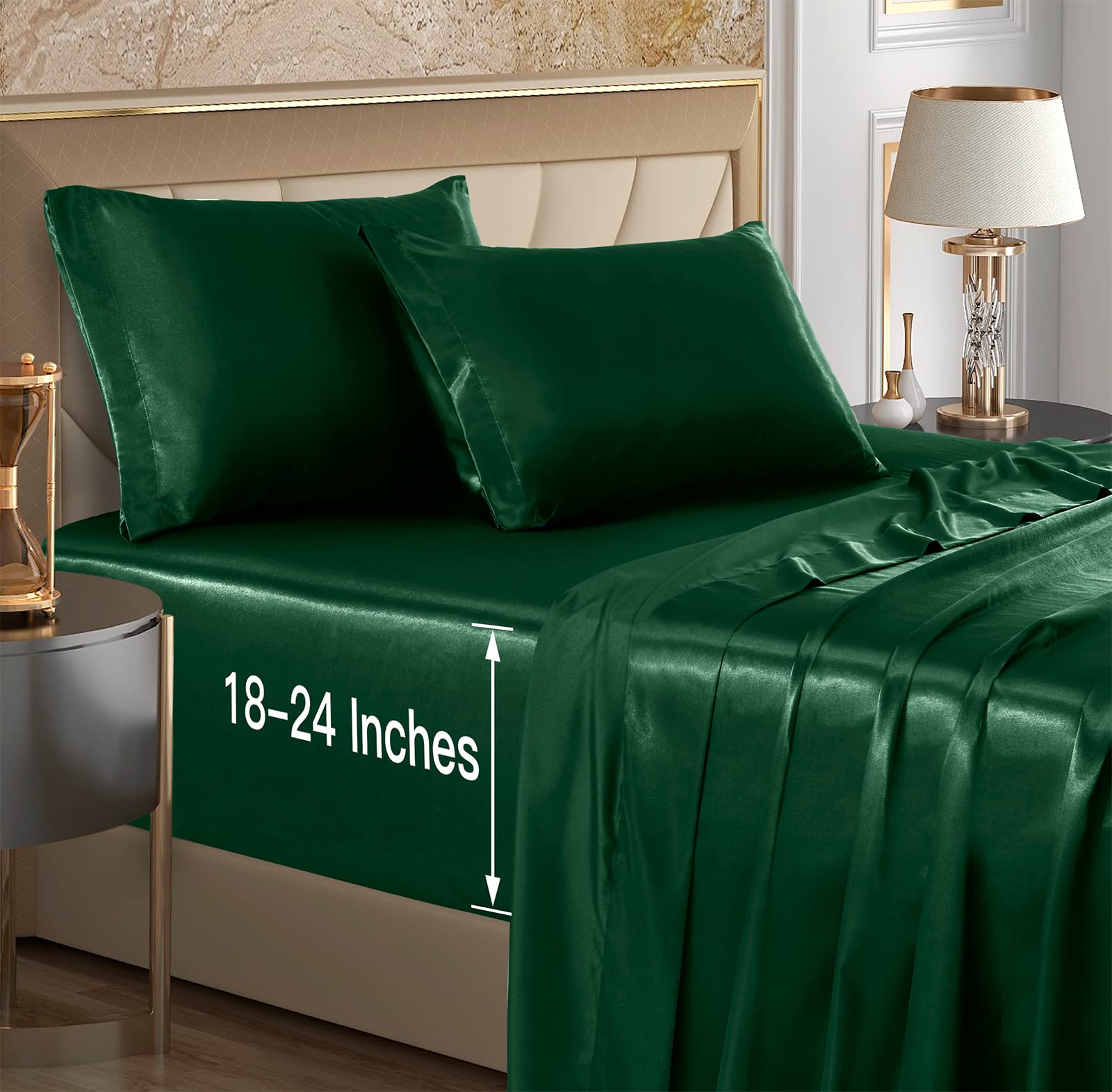 VACVELT 4pcs Extra Deep Pocket Queen Size Bedding Set, Baby Blue Luxury Satin Sheet Set Fit 18-24 Inch Deep Pocket Mattress, Soft & Ultra Deep Fitted Sheet Set