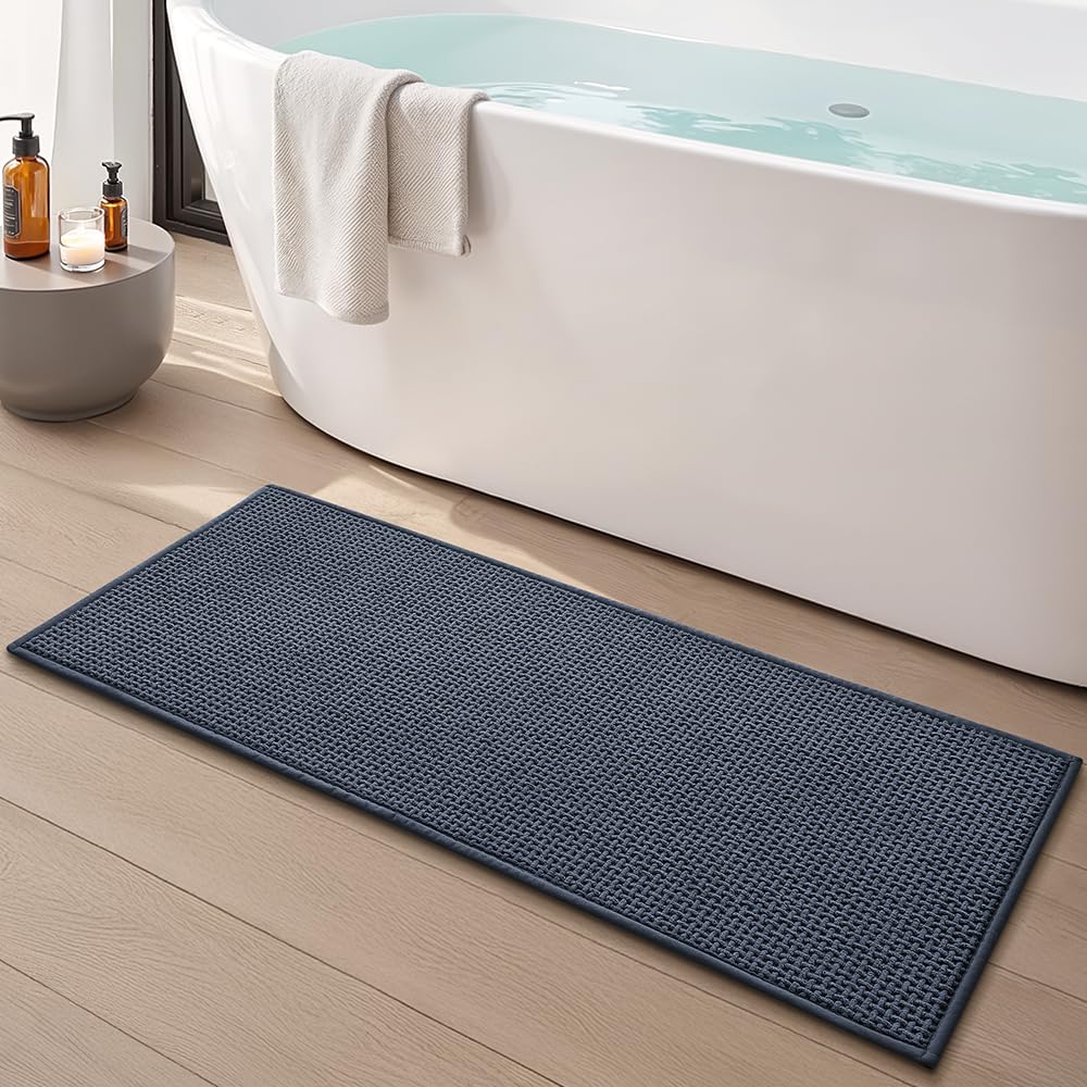 Bathroom Rugs Non Slip Washable, Super Absorbent Thin Bath Mat for Small Quick Dry Low Pile Bathroom Rug, (Navy Blue, 32″x20″)