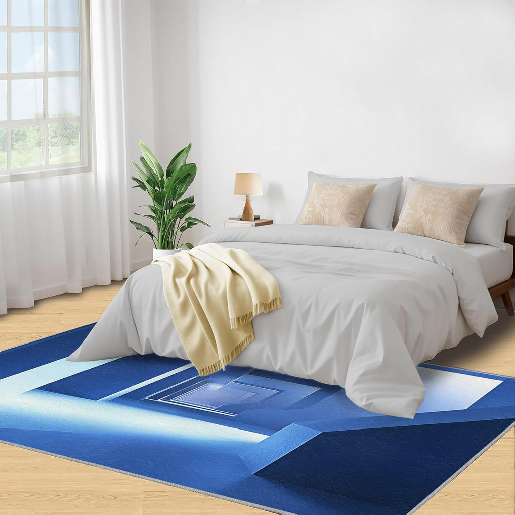 3D Geometric Rug - 4x4 Square Rug - Nordic Geometric Rugs for Living Room Bedroom, Blue Gradient Indoor Carpet - Washable Non Slip Soft Low Pile - Area Rugs & Home Decor