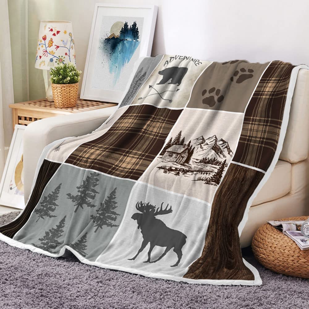 Rustic Cabin Throw Blankets, Farmhouse Country Antique Bear Moose Forest Vintage Wood Cozy Warm Bed Couch Blanket, Hunting Camping White Fleece Flannel Throws to Decorate The Room and Bedroom