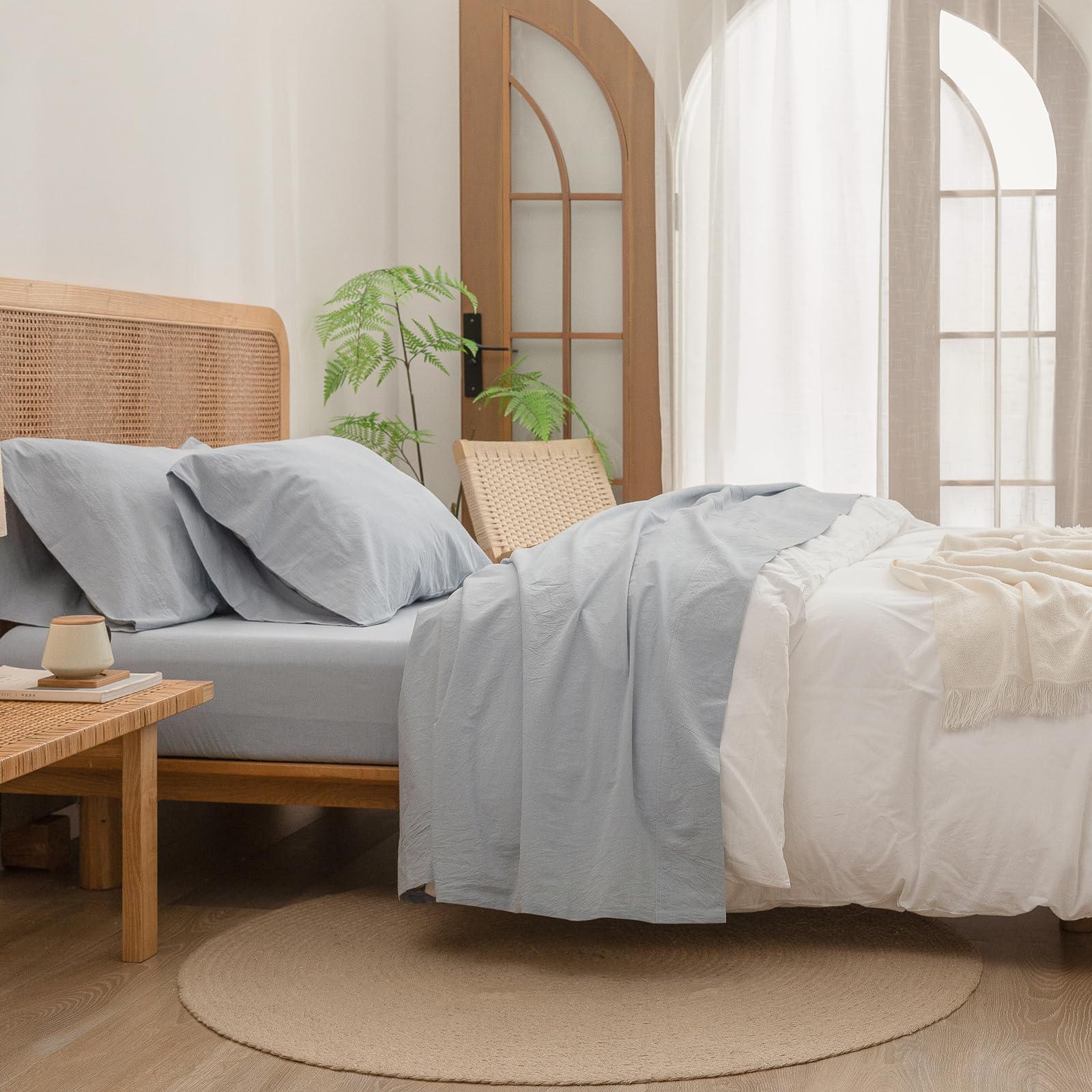 BESTOUCH Sheet Set 100% Washed Cotton Linen Feel Super Soft Comfortable Chic Lightweight 4 Pcs Home Bedding Set Solid Olive Green Queen