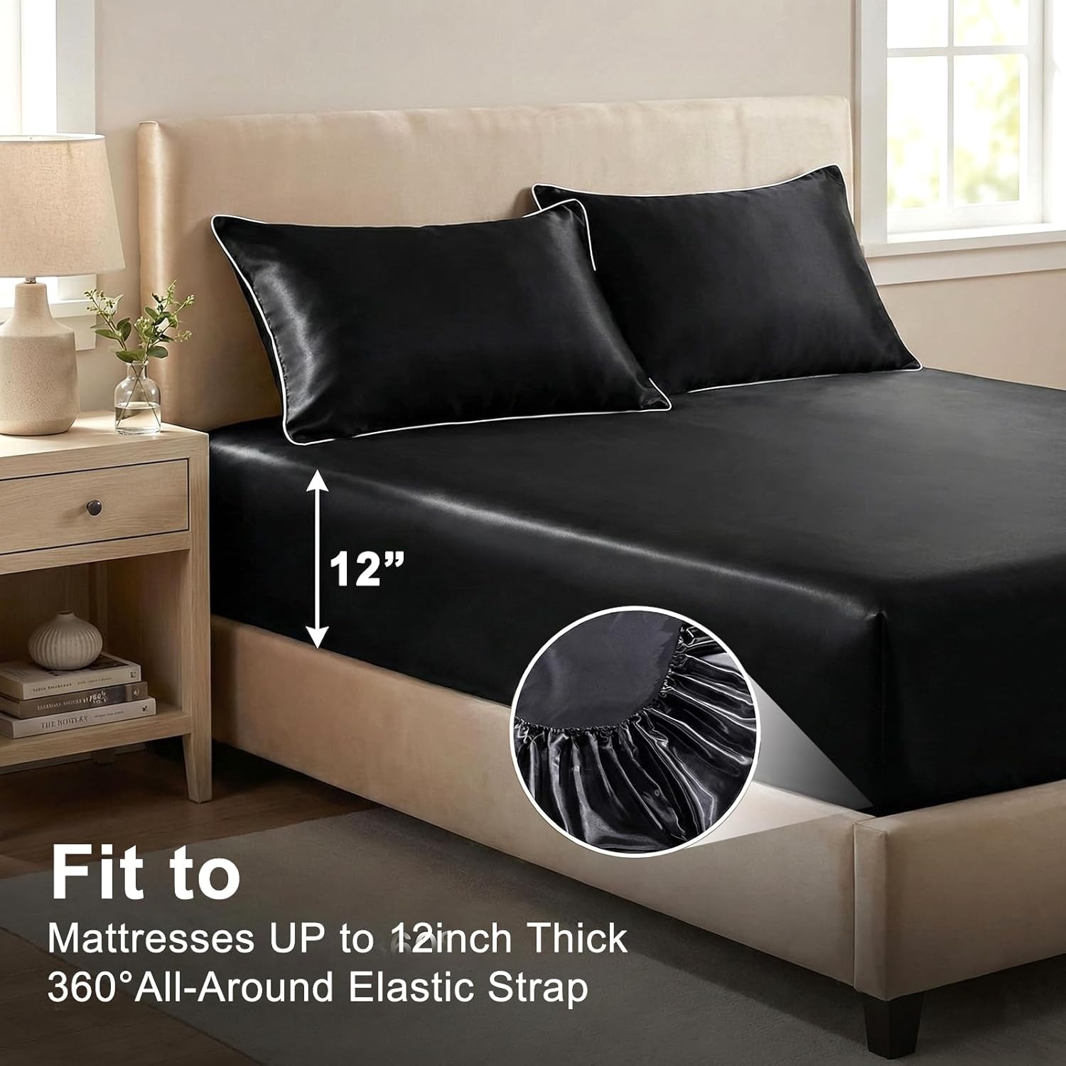 Thmyo 3-Piece Satin Bedding Set,Satin Fitted Sheet with Pillowcases,Soft Comfort Hypoallergenic Breathable Bedding Set (1 Fitted Sheet+2 Pillowcases) (Black, Twin)