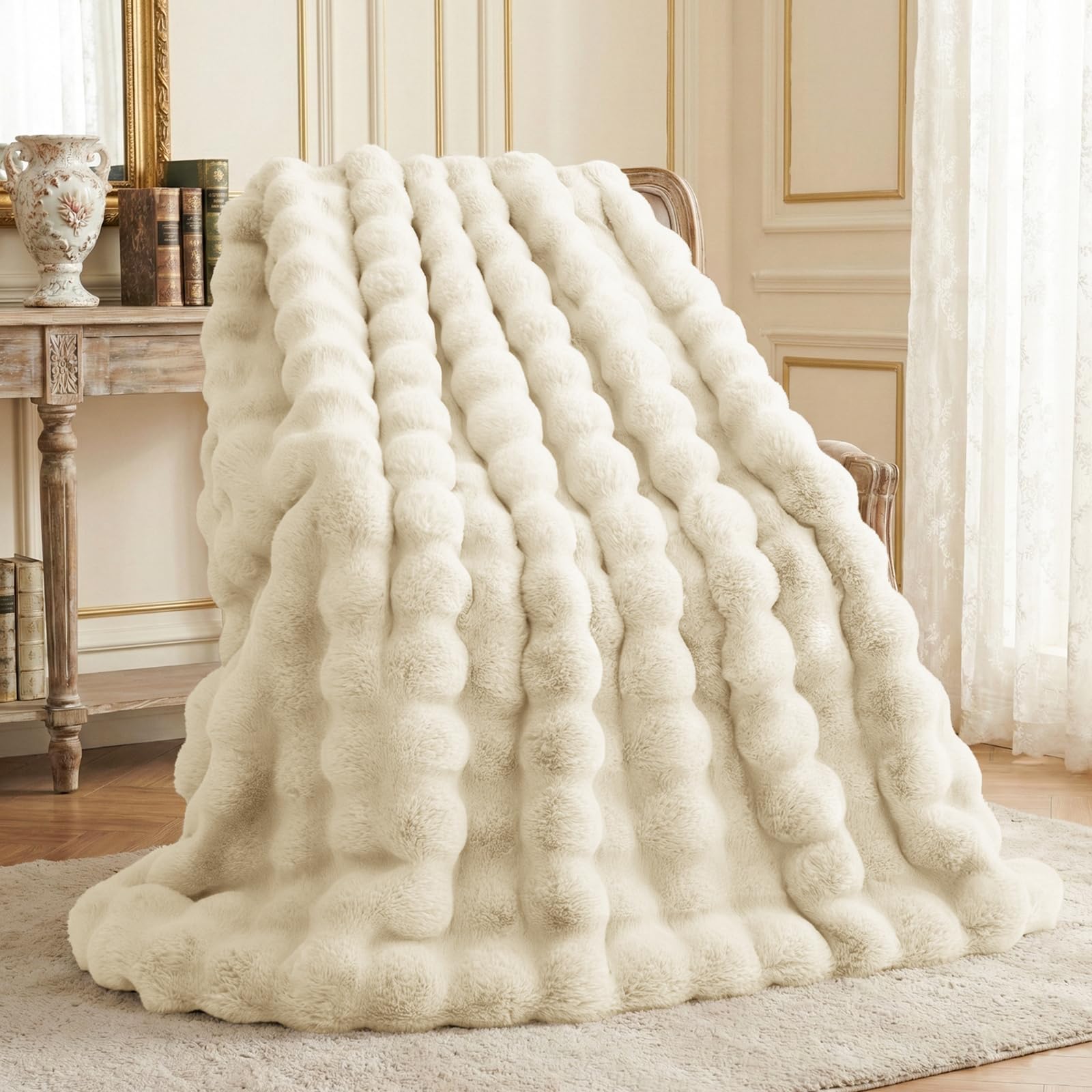 L'AGRATY Faux Rabbit Fur Blanket: 50" x 60" Luxury Soft Fluffy Thick Fur Throw Blanket for Couch Bed - Cozy Plush Bubble Blankets for Winter: Warm Flannel Fleece Decorative Blanket(Milk Tea Brown)