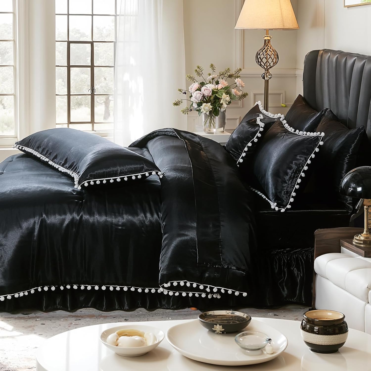 Bedorm Black Satin Comforter Sets Queen Silky Pom Pom Bedding Set 10 Pcs White Balls Fringe Decorative Comforter Silk Like Satin Comforter with Satin Sheet Set & Bed Skirt & Pillow Cover