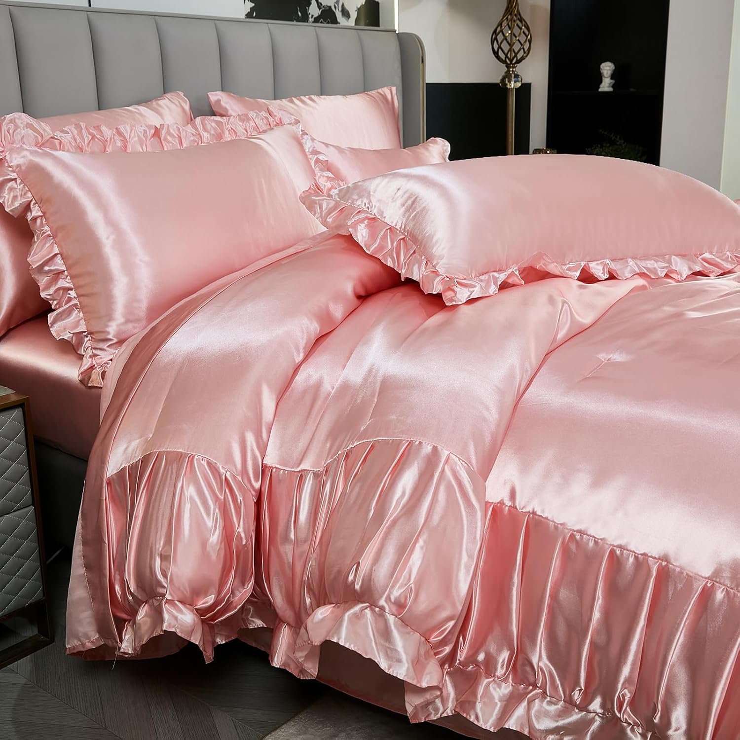 Herside Satin Pink Ruffle Comforter Set with Sheet Set Queen Size,8 Pieces Ruched Pleated Comforter Silk Like Satin Bedding Set,Soft Smooth Luxury Shabby Chic Silky Quilt Set for All Season