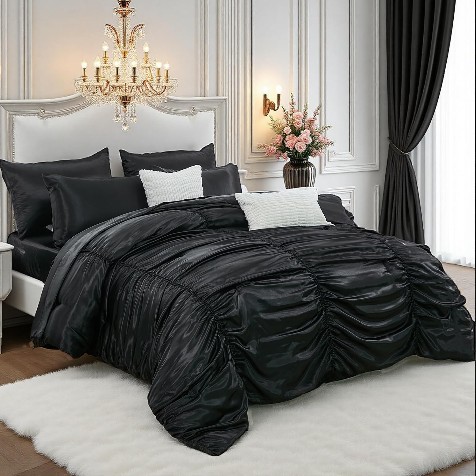 Bedorm Queen Size Satin Comforter Set 9 Pcs Pinch Pleat Bedding Comforter Extra Soft Fluffy Silky Pink Satin Bedding Set with Comforter, Flat Sheet, Fitted Sheet, Pillowcase & Cushion Cover