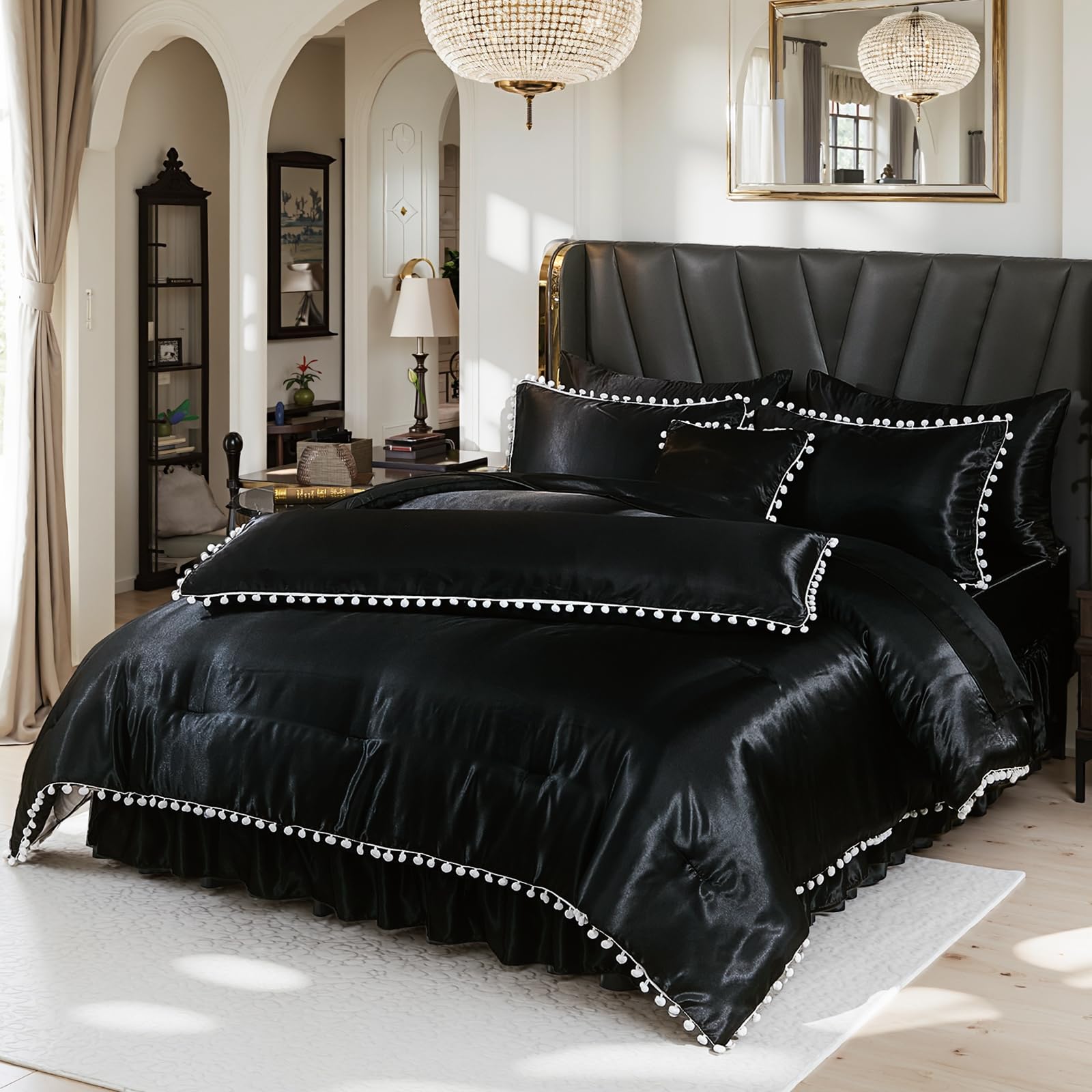 Bedorm Black Satin Comforter Sets Queen Silky Pom Pom Bedding Set 10 Pcs White Balls Fringe Decorative Comforter Silk Like Satin Comforter with Satin Sheet Set & Bed Skirt & Pillow Cover