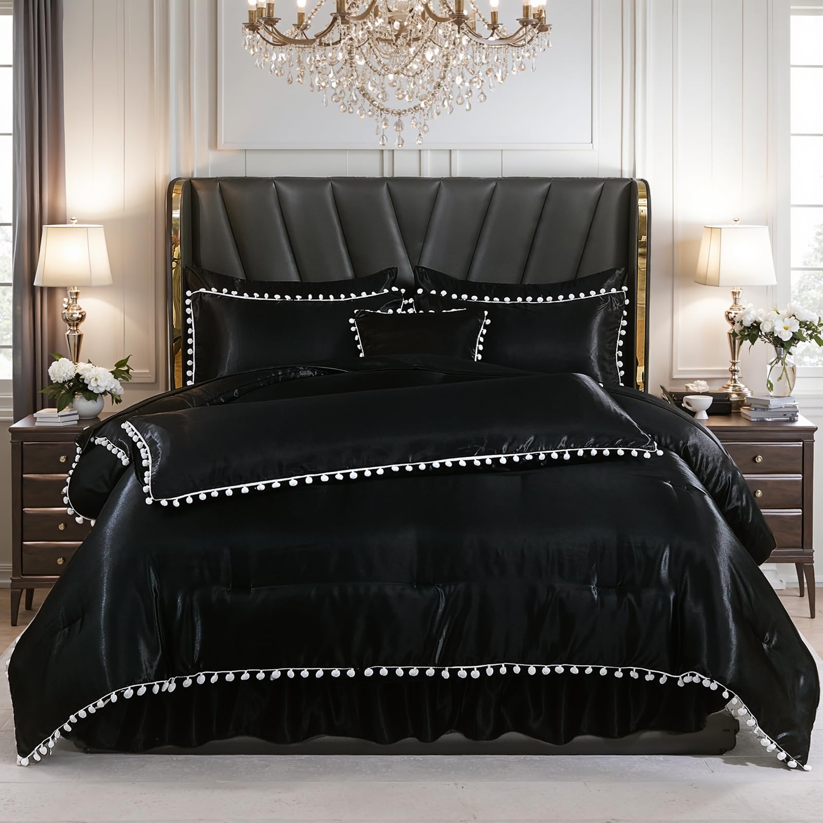 Bedorm Black Satin Comforter Sets Queen Silky Pom Pom Bedding Set 10 Pcs White Balls Fringe Decorative Comforter Silk Like Satin Comforter with Satin Sheet Set & Bed Skirt & Pillow Cover