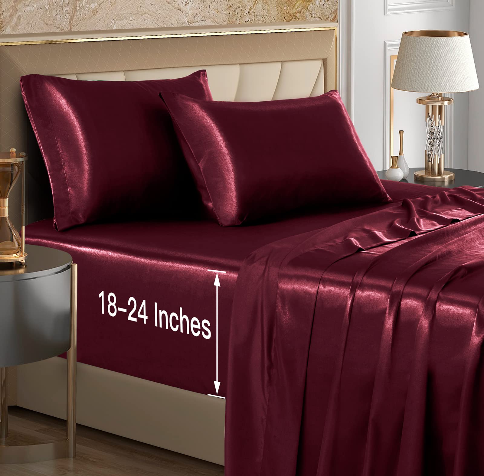 VACVELT 4pcs Extra Deep Pocket Queen Size Bedding Set, Baby Blue Luxury Satin Sheet Set Fit 18-24 Inch Deep Pocket Mattress, Soft & Ultra Deep Fitted Sheet Set