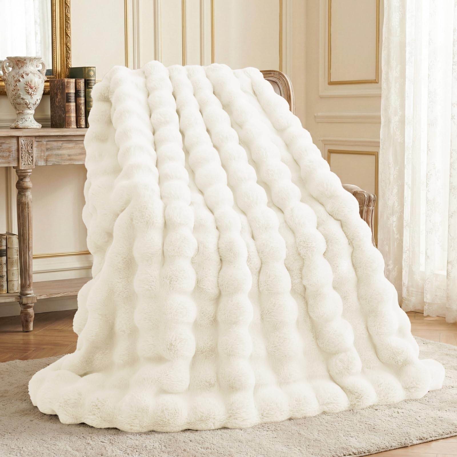L'AGRATY Faux Rabbit Fur Blanket: 50" x 60" Luxury Soft Fluffy Thick Fur Throw Blanket for Couch Bed - Cozy Plush Bubble Blankets for Winter: Warm Flannel Fleece Decorative Blanket(Milk Tea Brown)
