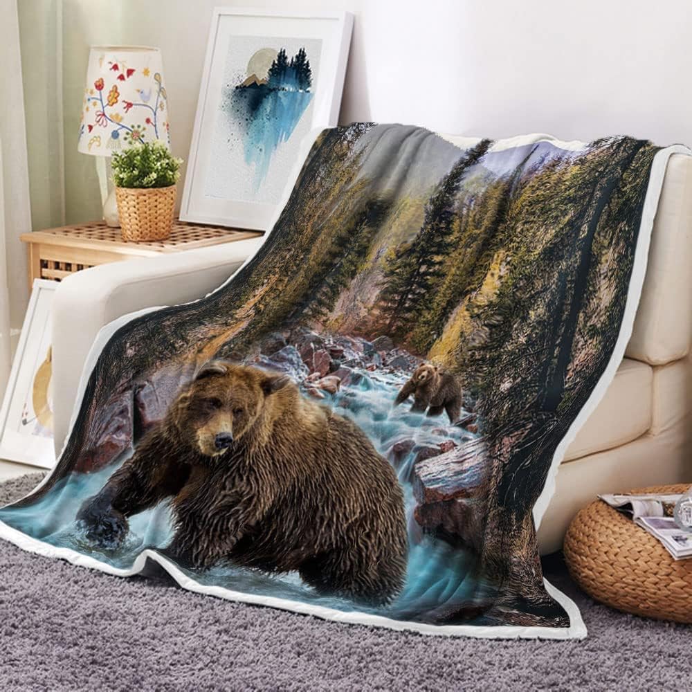 Rustic Cabin Throw Blankets, Farmhouse Country Antique Bear Moose Forest Vintage Wood Cozy Warm Bed Couch Blanket, Hunting Camping White Fleece Flannel Throws to Decorate The Room and Bedroom