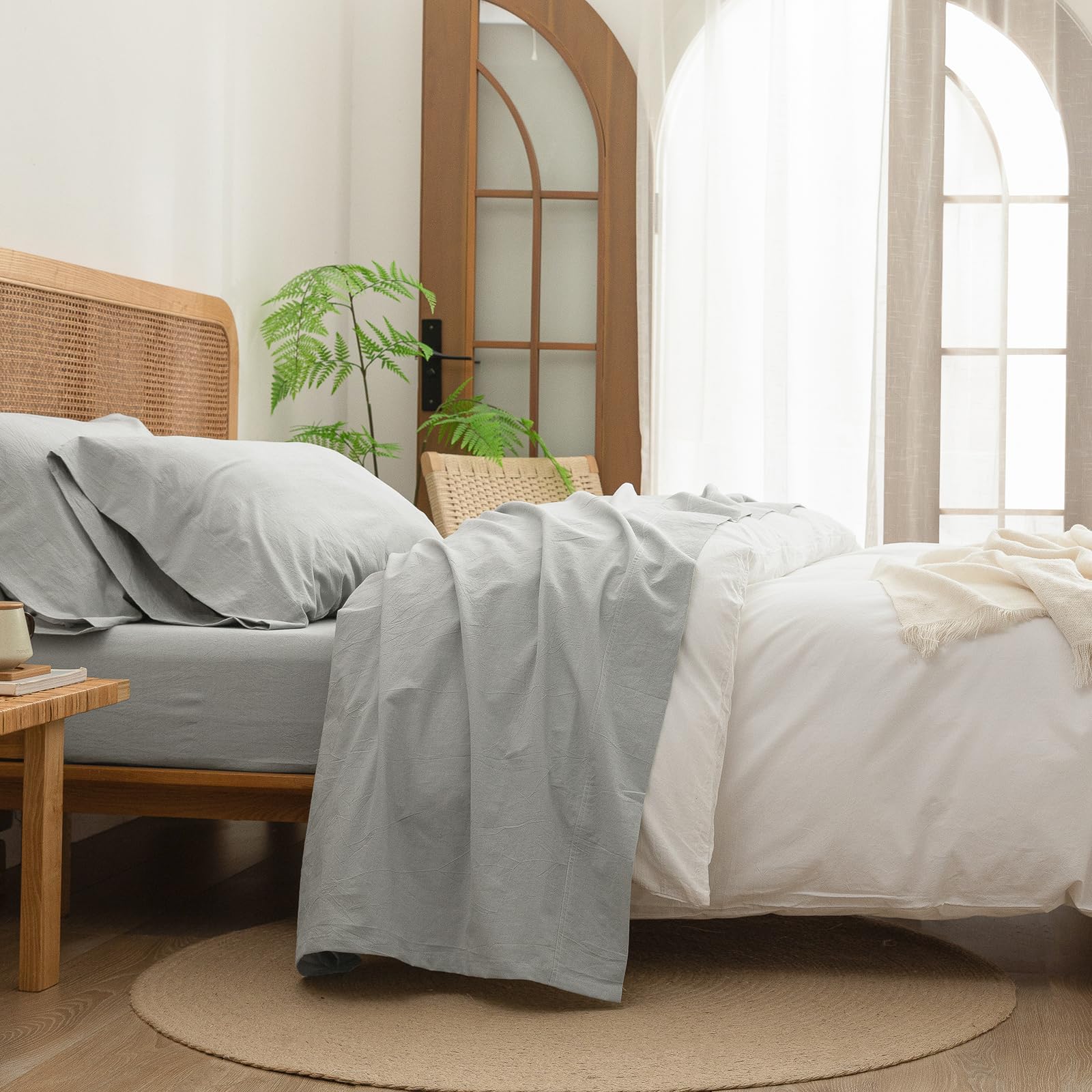 BESTOUCH Sheet Set 100% Washed Cotton Linen Feel Super Soft Comfortable Chic Lightweight 4 Pcs Home Bedding Set Solid Olive Green Queen