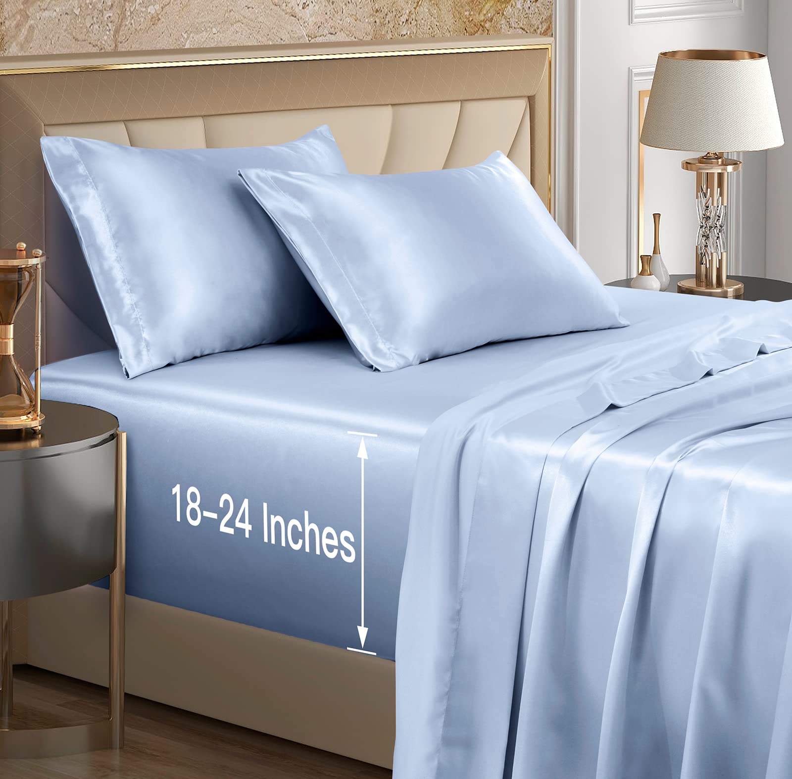 VACVELT 4pcs Extra Deep Pocket Queen Size Bedding Set, Baby Blue Luxury Satin Sheet Set Fit 18-24 Inch Deep Pocket Mattress, Soft & Ultra Deep Fitted Sheet Set
