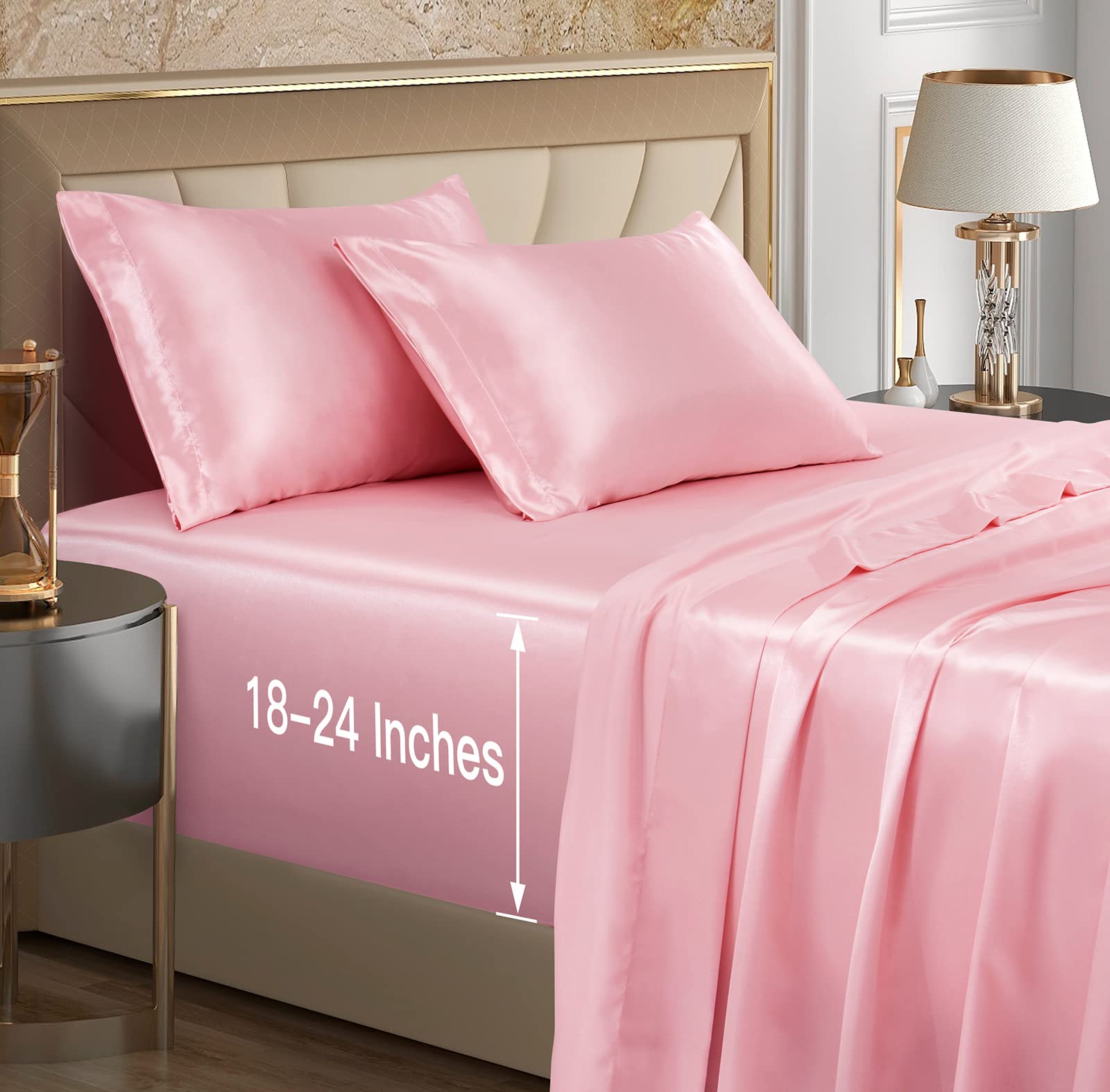 VACVELT 4pcs Extra Deep Pocket Queen Size Bedding Set, Baby Blue Luxury Satin Sheet Set Fit 18-24 Inch Deep Pocket Mattress, Soft & Ultra Deep Fitted Sheet Set