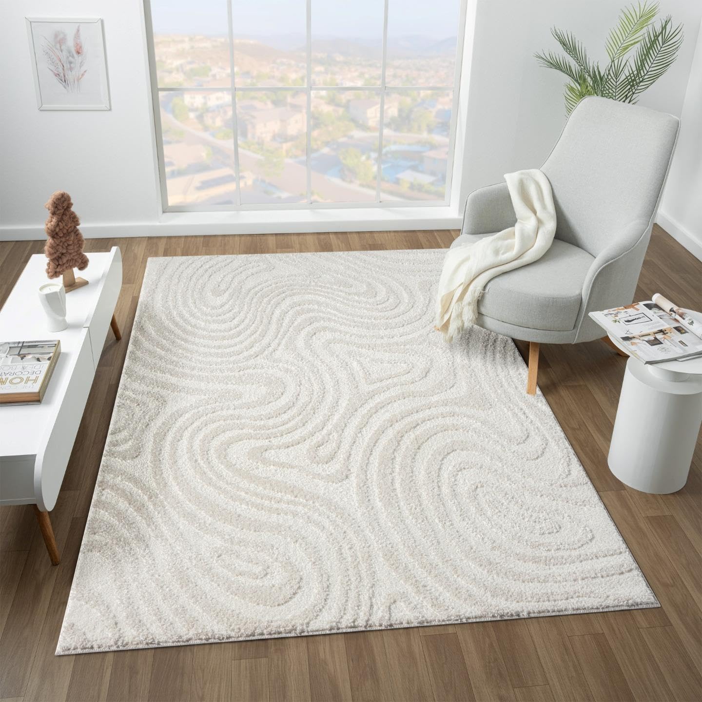 LUXE WEAVERS Geometric Swirl Cream 5x7 Area Rug High Low Modern Carpet