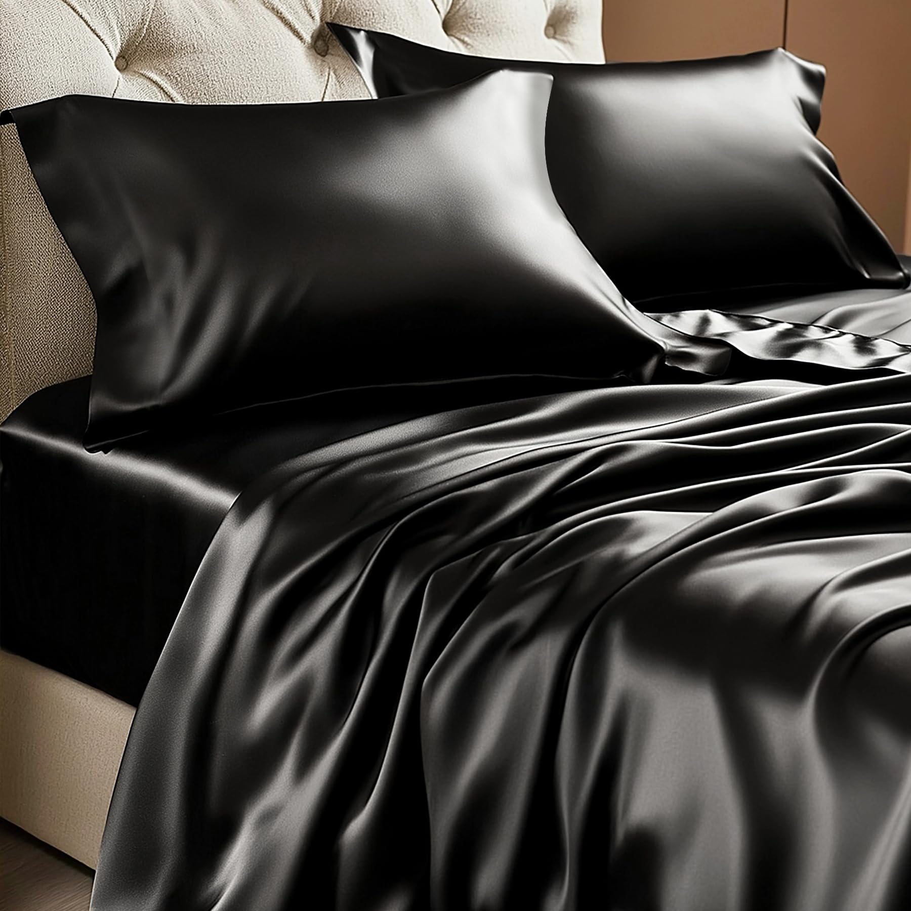 BEDELITE Satin Sheets Queen Size Bed Set, Luxury Soft Black Silky Sheets for Hair and Skin, Similar to Silk Bed Sheets Set 4 Pieces with 1 Deep Pocket Fitted Sheet, 1 Flat Sheet, and 2 Pillowcases