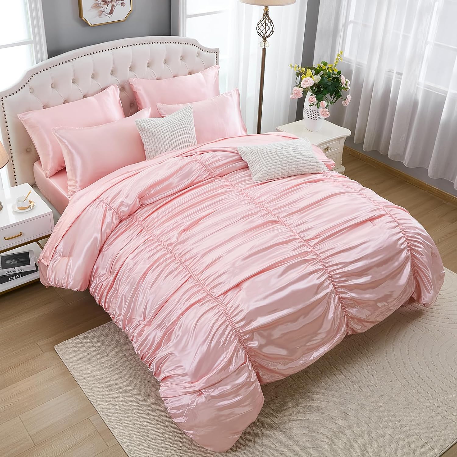 Bedorm Queen Size Satin Comforter Set 9 Pcs Pinch Pleat Bedding Comforter Extra Soft Fluffy Silky Pink Satin Bedding Set with Comforter, Flat Sheet, Fitted Sheet, Pillowcase & Cushion Cover