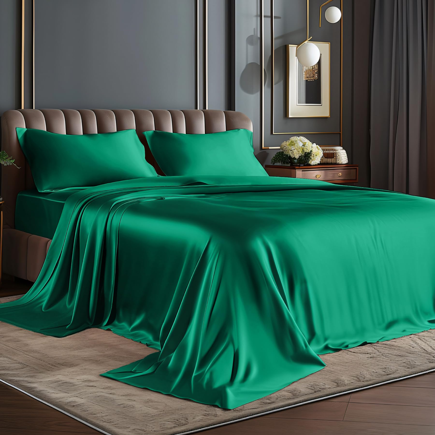 BEDELITE Satin Sheets Queen Size Bed Set, Luxury Soft Black Silky Sheets for Hair and Skin, Similar to Silk Bed Sheets Set 4 Pieces with 1 Deep Pocket Fitted Sheet, 1 Flat Sheet, and 2 Pillowcases