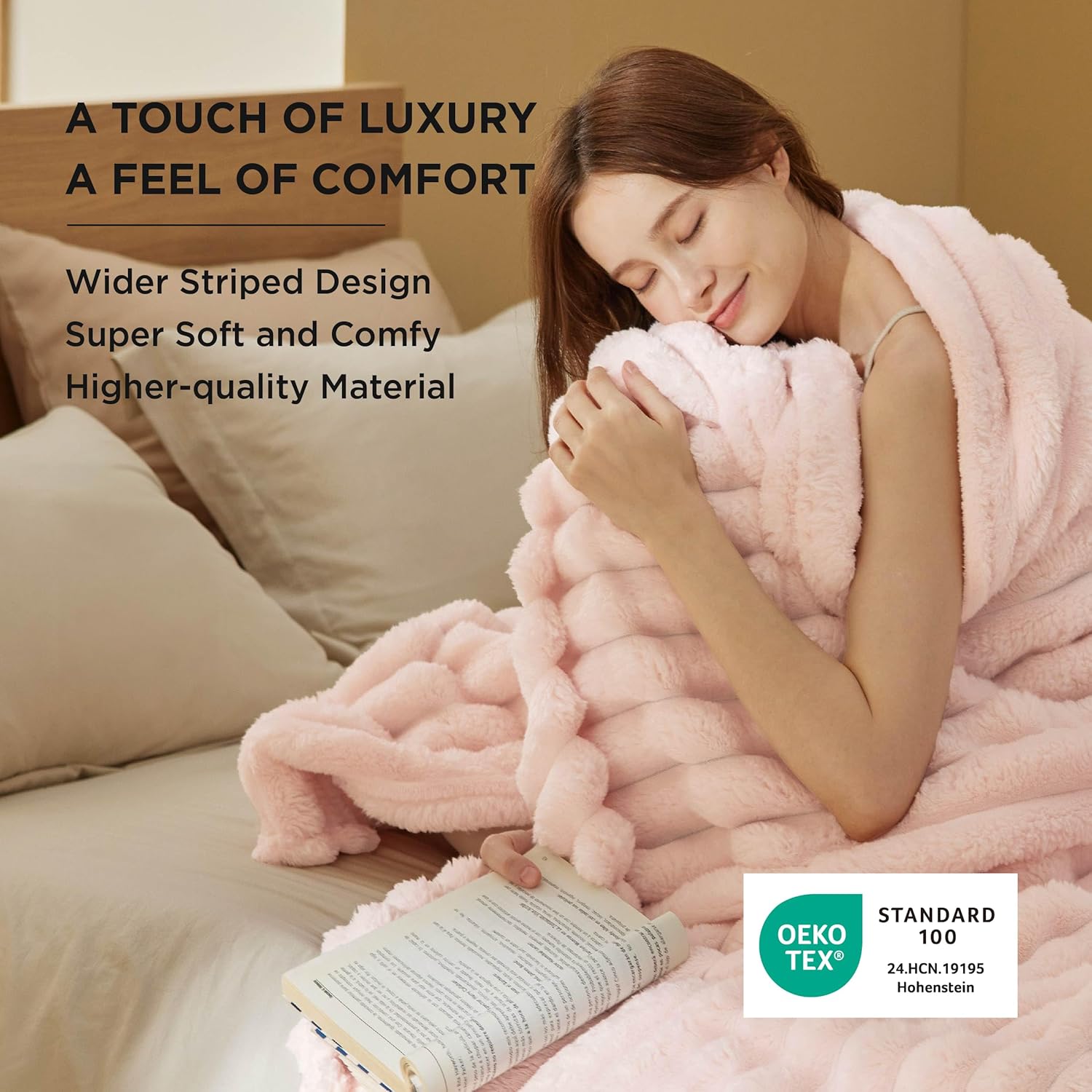 Bedsure Blankets Queen Size for Bed - 350GSM Super GentleSoft Fuzzy Fluffy Cozy Blankets for Women, Cute Large Plush Fleece Throws for Girls, Pink，90x90 Inches, Wider Striped Design