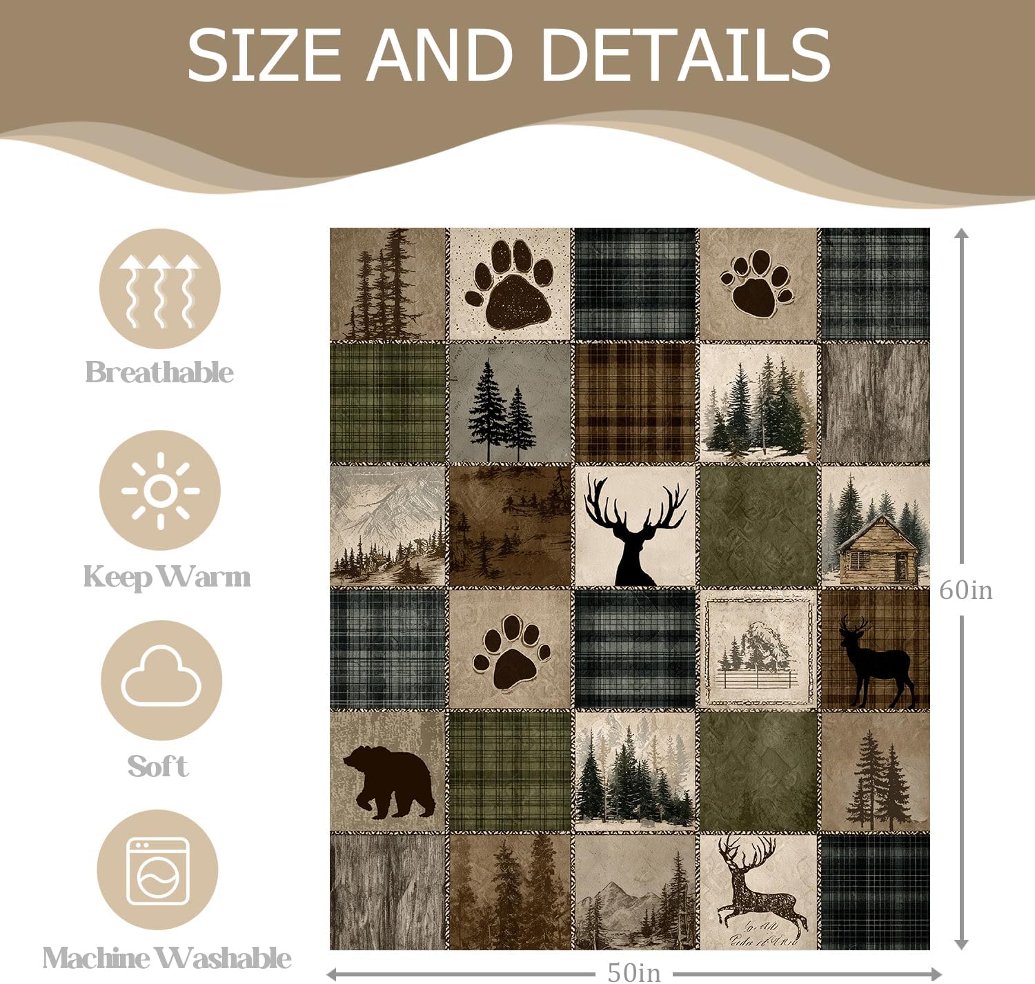 Rustic Cabin Throw Blanket Country Hunting Wildlife Bear Deer Lodge Brown Plaid Patchwork Soft Cozy Flannel Fleece Blankets for Living Room Bedroom Couch Sofa Bed Rustic Home Decor, 50x60 Inch