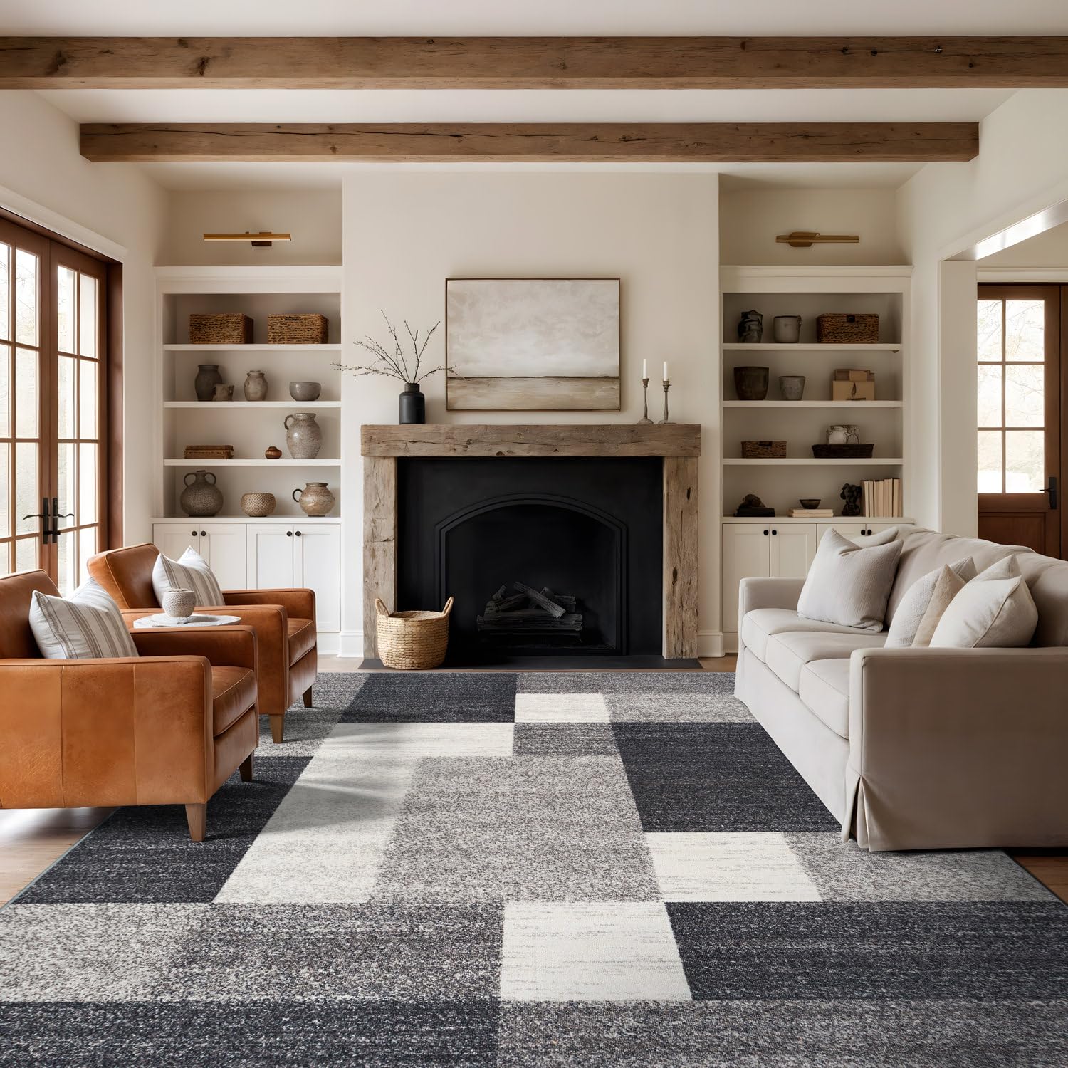 Rugshop Contemporary Blue Geometric Boxes Non-Slip Area Rug Non-Shedding for Living Room, Dining Room and Office, 5'3" x 7'3"