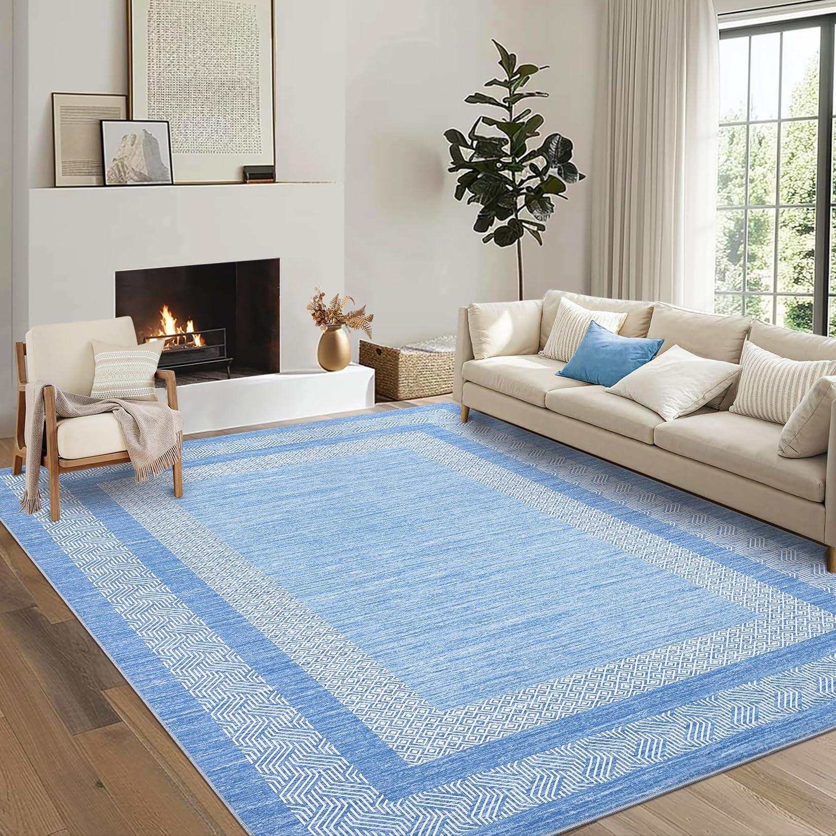 GarveeHome Modern Geometric Area Rug 5x7 Distressed Bordered Rug Washable Non Slip Floor Carpet Non Shedding Thin Rug, Soft Low Pile Rug, Contemporary Brown Rug for Dining Room, Living Room