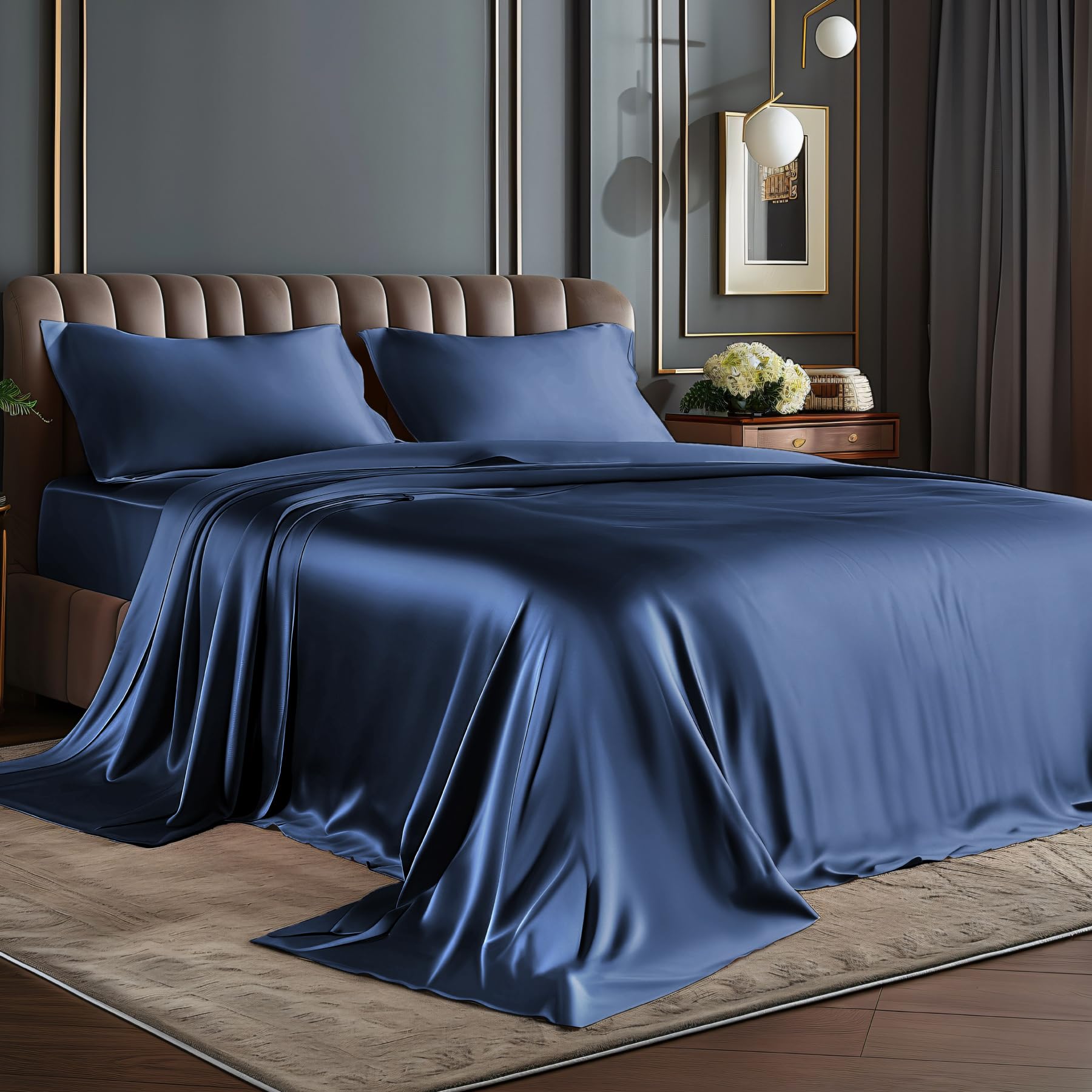 BEDELITE Satin Sheets Queen Size Bed Set, Luxury Soft Black Silky Sheets for Hair and Skin, Similar to Silk Bed Sheets Set 4 Pieces with 1 Deep Pocket Fitted Sheet, 1 Flat Sheet, and 2 Pillowcases
