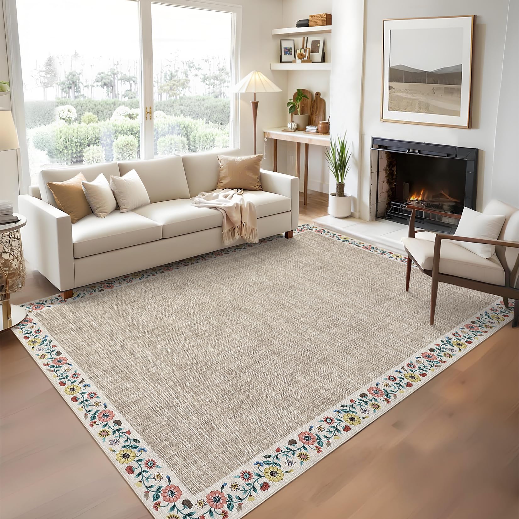 GarveeHome Modern Geometric Area Rug 5x7 Distressed Bordered Rug Washable Non Slip Floor Carpet Non Shedding Thin Rug, Soft Low Pile Rug, Contemporary Brown Rug for Dining Room, Living Room