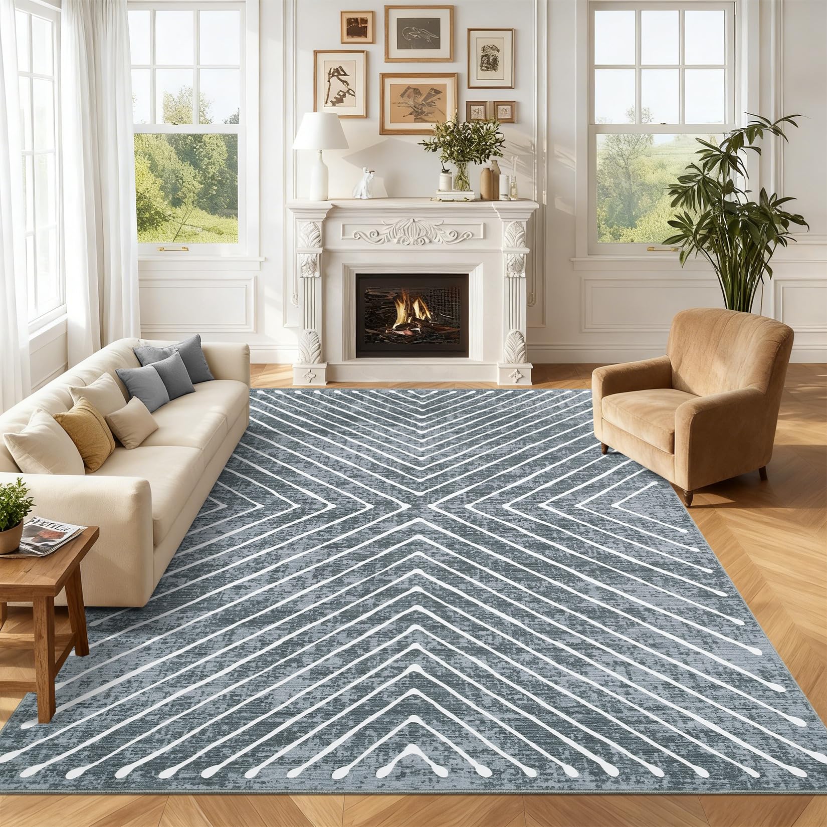 Area Rug 9x12 Living Room Rug Non Slip Modern Bedroom Stain Resistant Dining Room Throw Carpet Geometric Low Pile Untra Soft Contemporary Accent Carpet for Home Office, White&Black