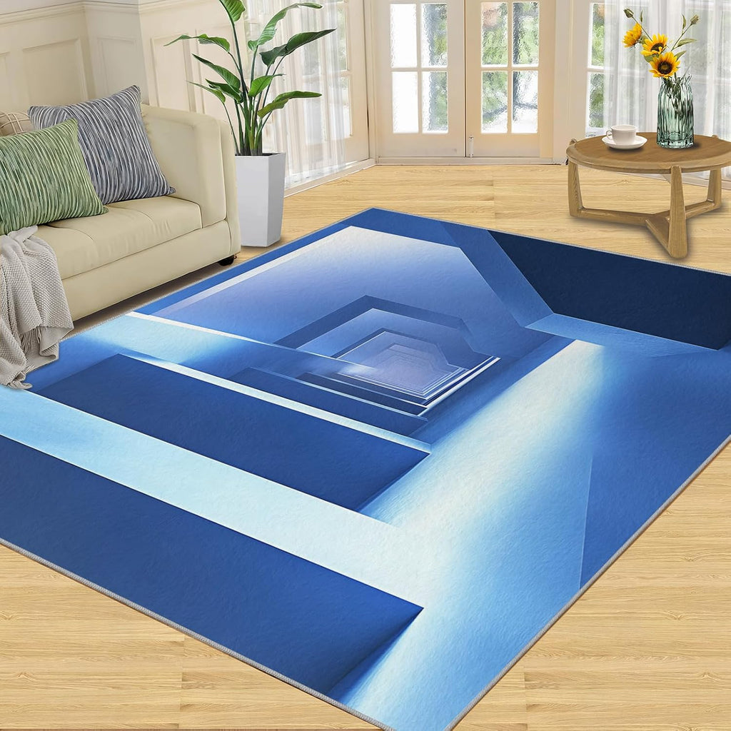 3D Geometric Rug - 4x4 Square Rug - Nordic Geometric Rugs for Living Room Bedroom, Blue Gradient Indoor Carpet - Washable Non Slip Soft Low Pile - Area Rugs & Home Decor