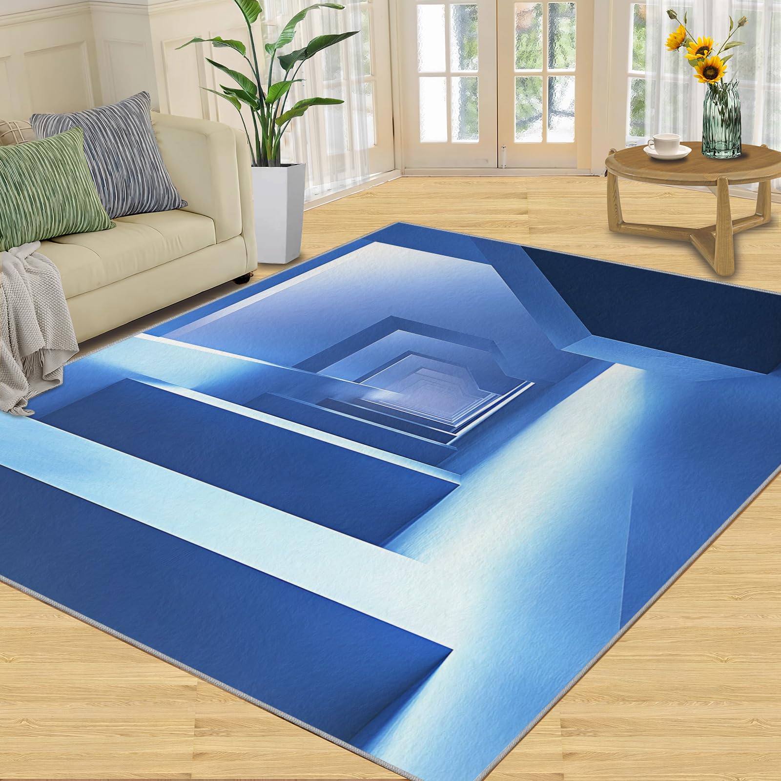 3D Geometric Rug - 4x4 Square Rug - Nordic Geometric Rugs for Living Room Bedroom, Blue Gradient Indoor Carpet - Washable Non Slip Soft Low Pile - Area Rugs & Home Decor