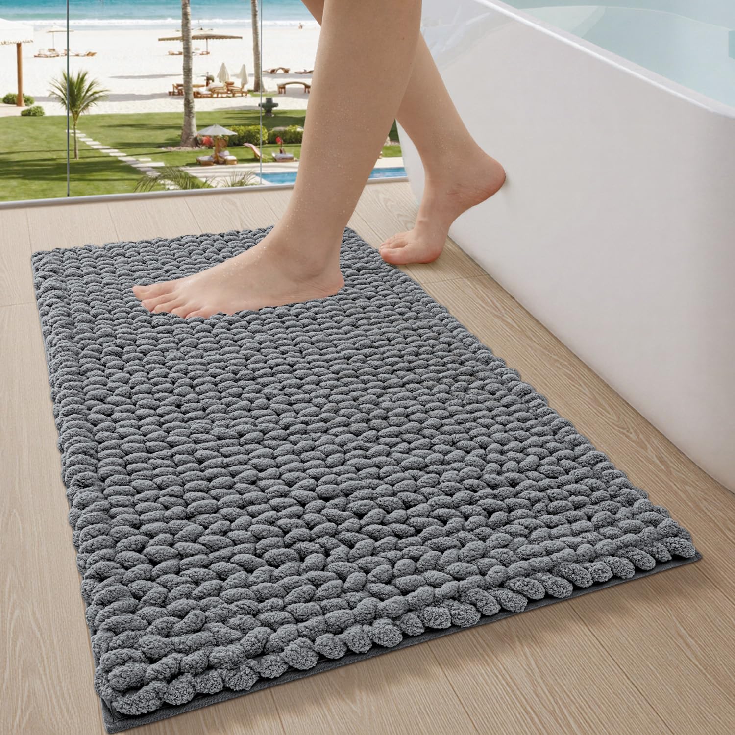LUMI Luxury Bathroom Rug, Ultra Soft Quick Dry Bath Mat, Non-Slip Absorbent Thick Chenille Bath Rug, Cozy Braid Design Floor Mat for Bathtub, Sink, Laundry, Bedroom, Grey, 24"x43"