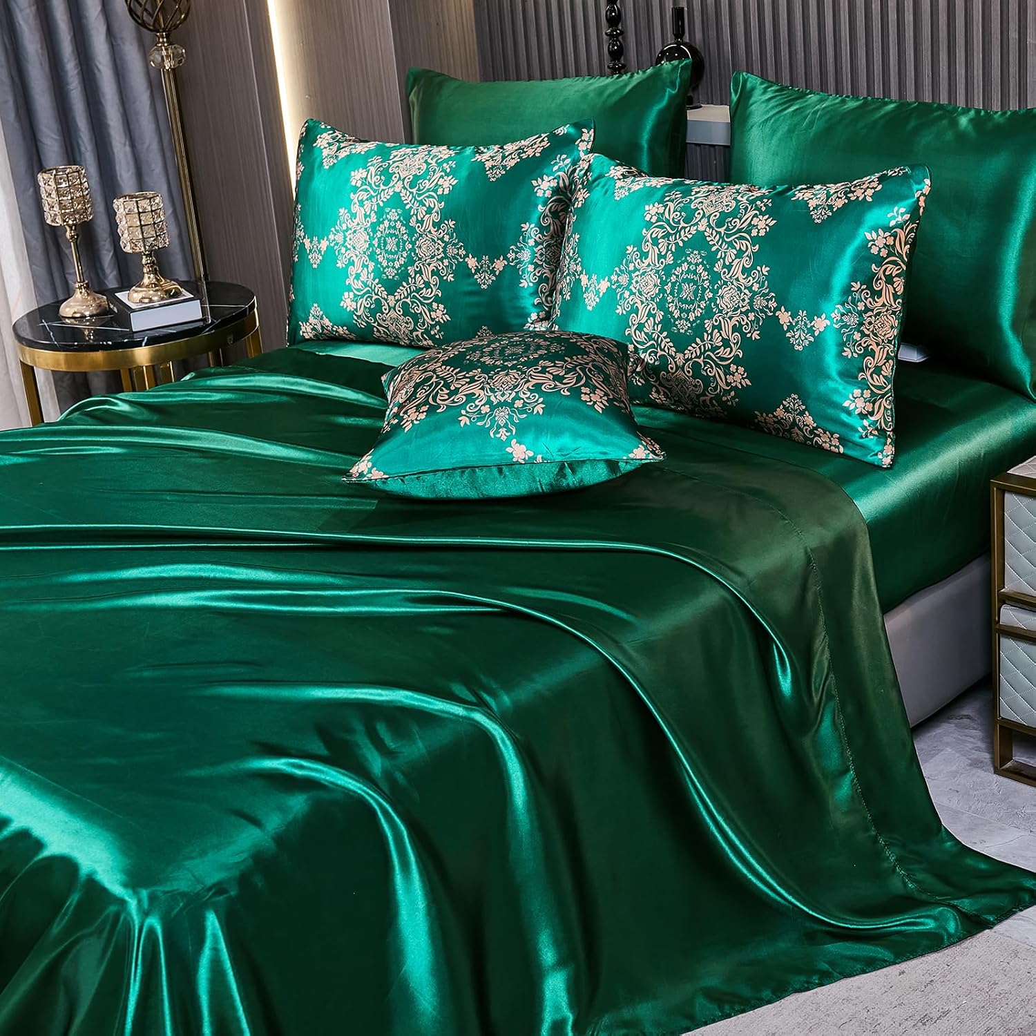 MOVE OVER 8 Pieces Green Satin Comforter Set King Size Silk Like Satin Bed in a Bag Soft and Elegant Euro Floral Comforter Set with Sheet Set Boho Chic Flower Pattern Luxury Bedding Set