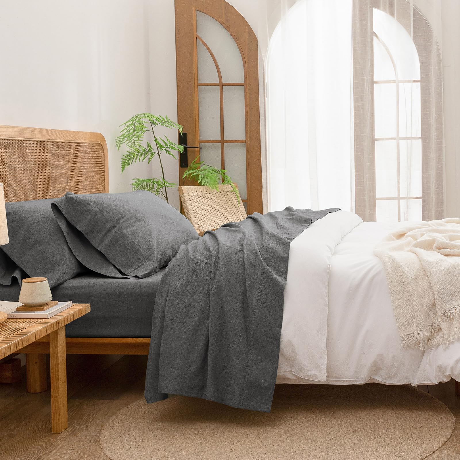 BESTOUCH Sheet Set 100% Washed Cotton Linen Feel Super Soft Comfortable Chic Lightweight 4 Pcs Home Bedding Set Solid Olive Green Queen