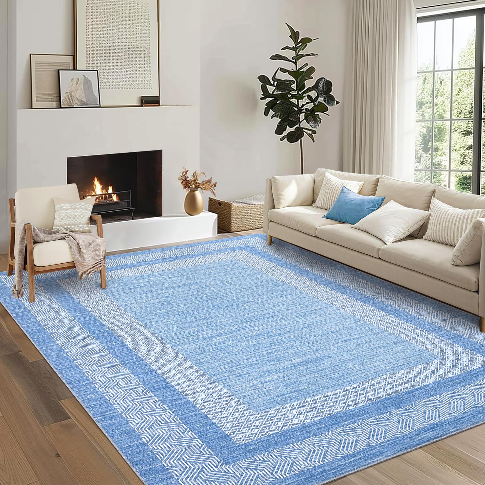 GarveeHome Modern Geometric Area Rug 5x7 Distressed Bordered Rug Washable Non Slip Floor Carpet Non Shedding Thin Rug, Soft Low Pile Rug, Contemporary Brown Rug for Dining Room, Living Room