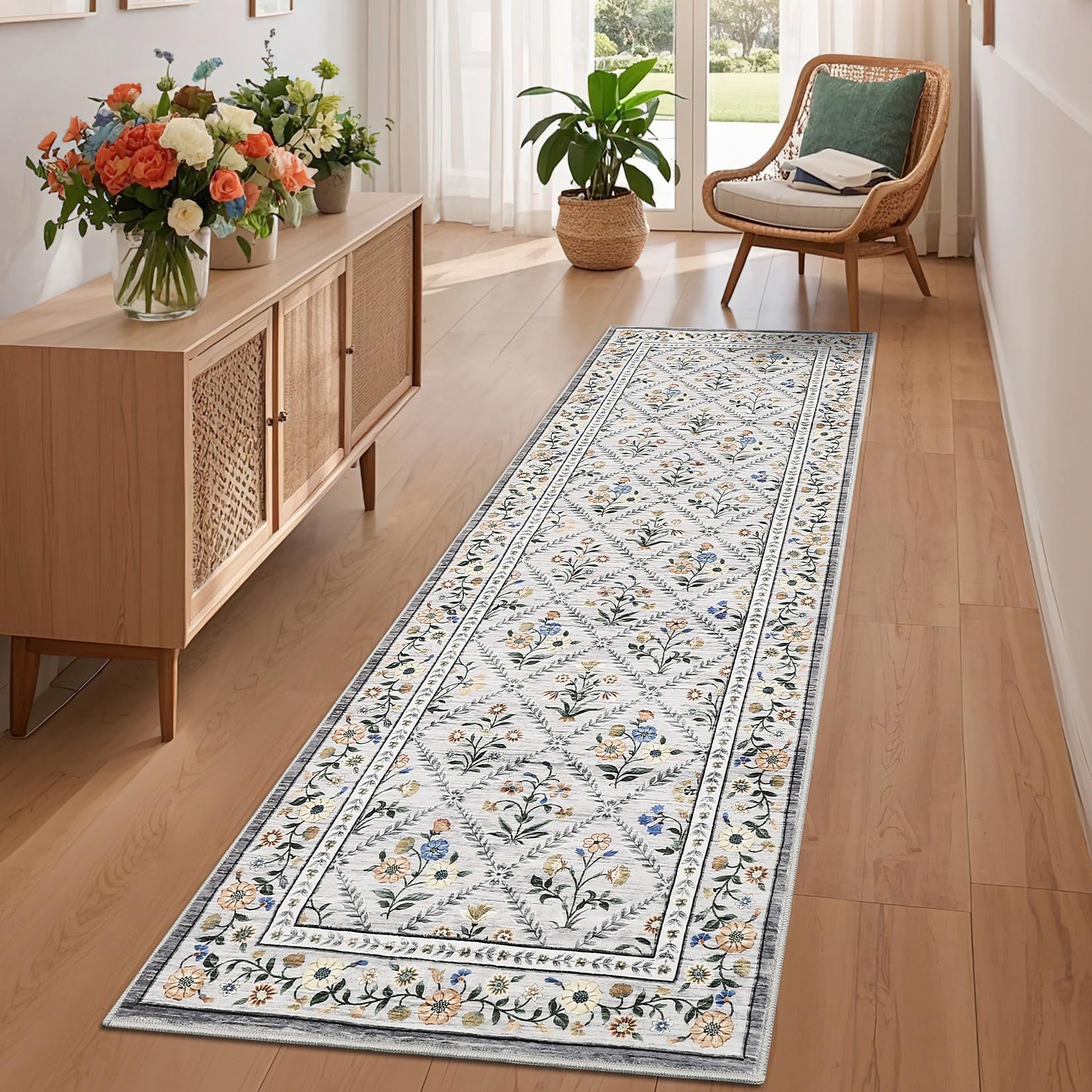 GarveeHome Modern Geometric Area Rug 5x7 Distressed Bordered Rug Washable Non Slip Floor Carpet Non Shedding Thin Rug, Soft Low Pile Rug, Contemporary Brown Rug for Dining Room, Living Room