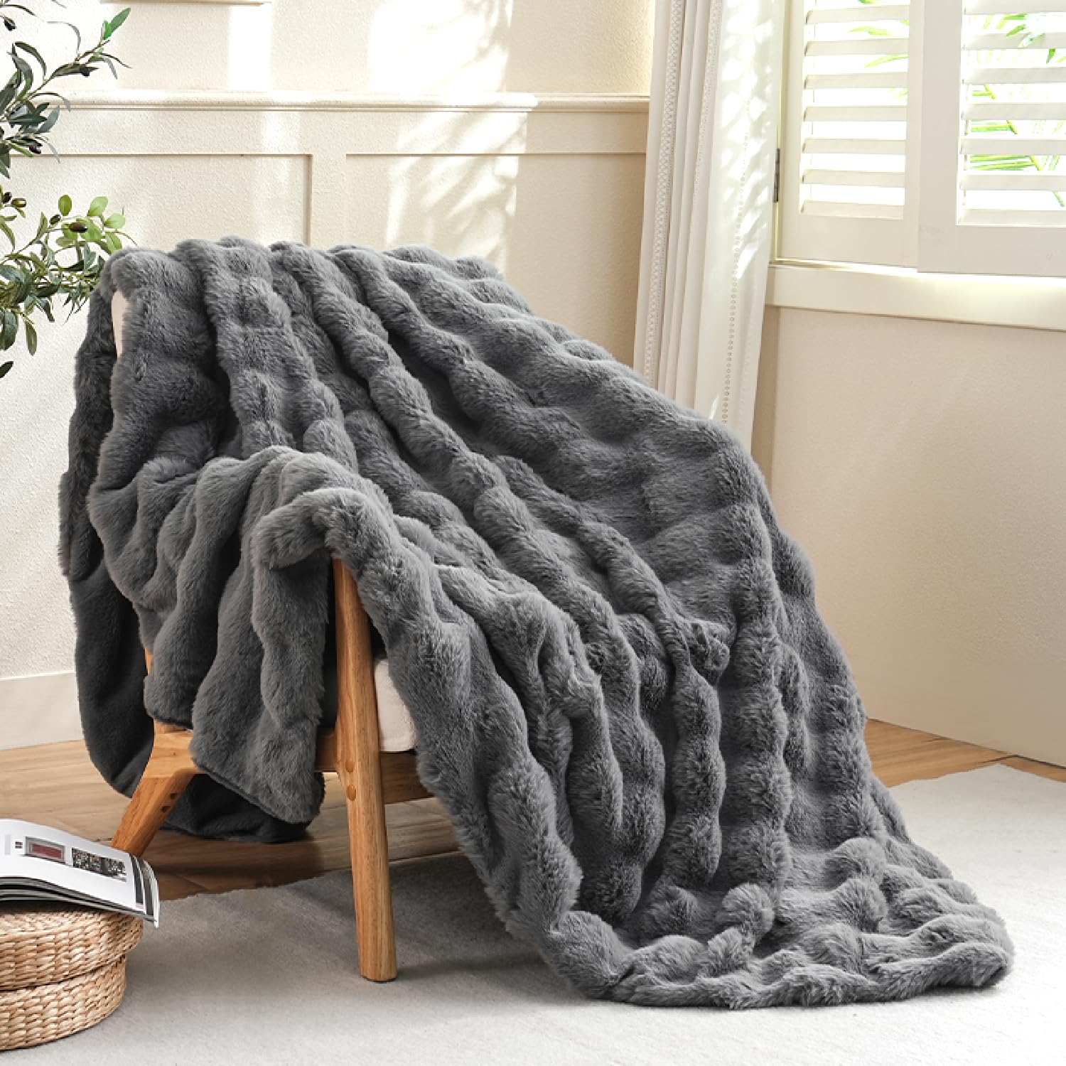 Pink Faux Fur Throw Blanket for Couch Rainbow Fluffy Plush Fuzzy Bed Blankets Warm Thick Rabbit Fleece Bubble Throws for Bedroom Living Room Home Decor, 51"x63"