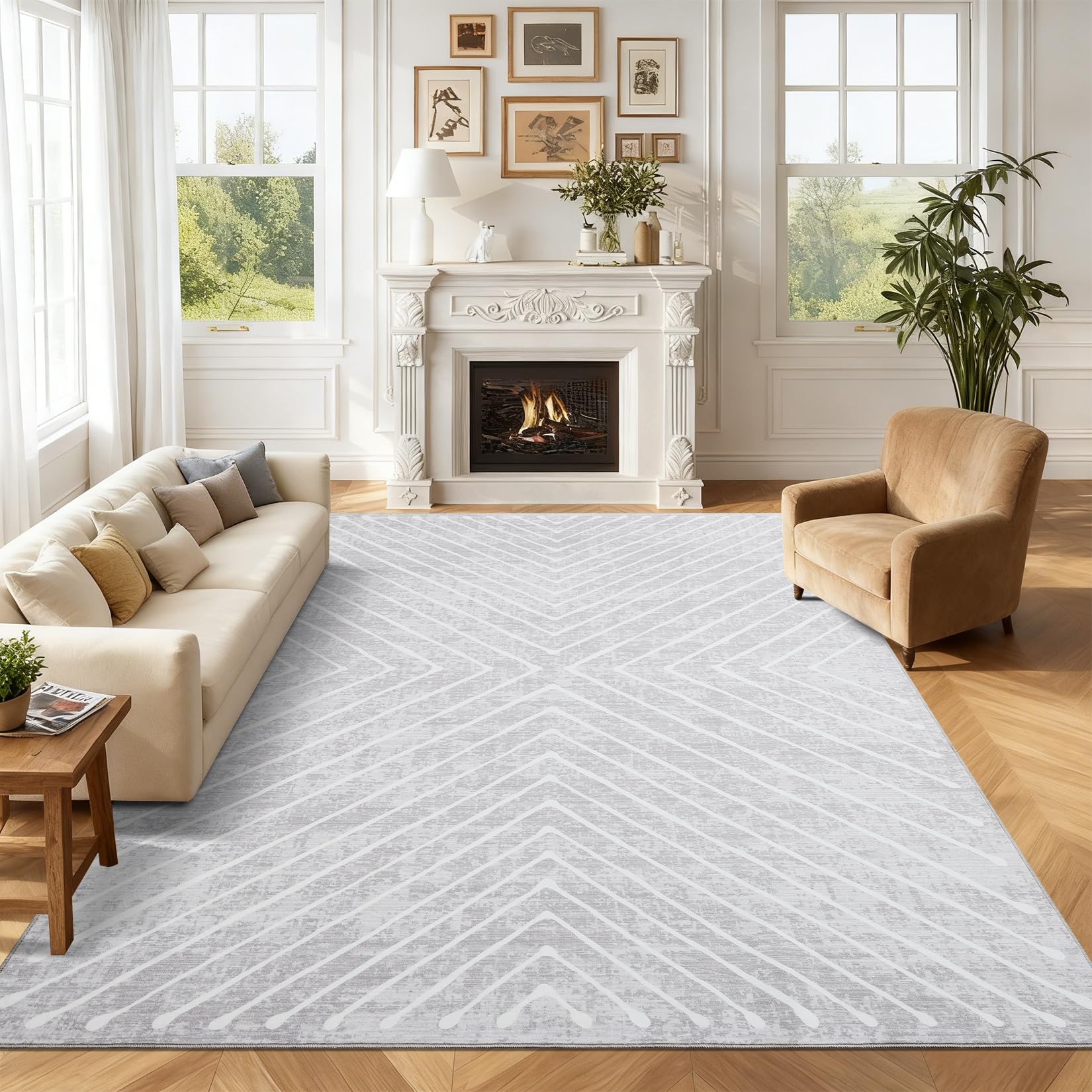 Area Rug 9x12 Living Room Rug Non Slip Modern Bedroom Stain Resistant Dining Room Throw Carpet Geometric Low Pile Untra Soft Contemporary Accent Carpet for Home Office, White&Black