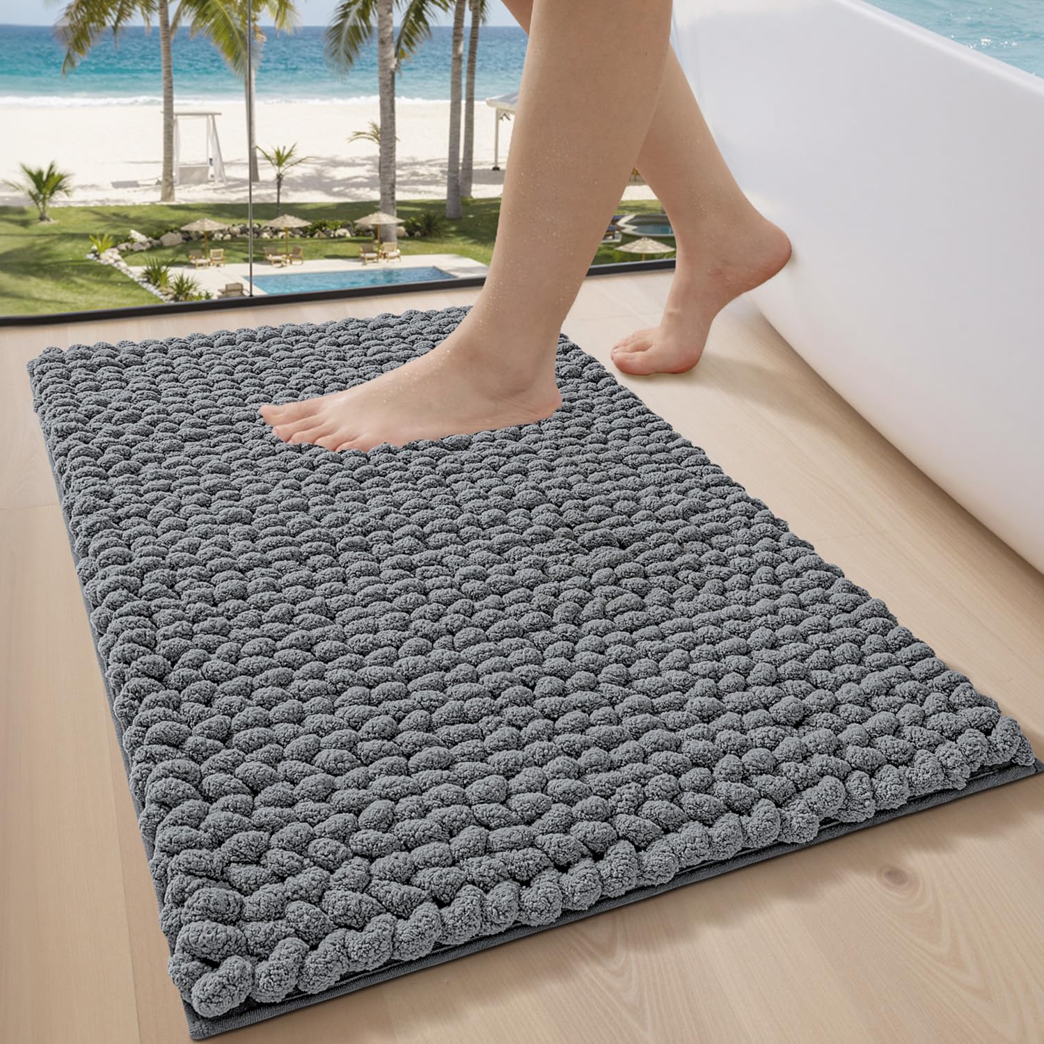 LUMI Luxury Bathroom Rug, Ultra Soft Quick Dry Bath Mat, Non-Slip Absorbent Thick Chenille Bath Rug, Cozy Braid Design Floor Mat for Bathtub, Sink, Laundry, Bedroom, Grey, 24"x43"