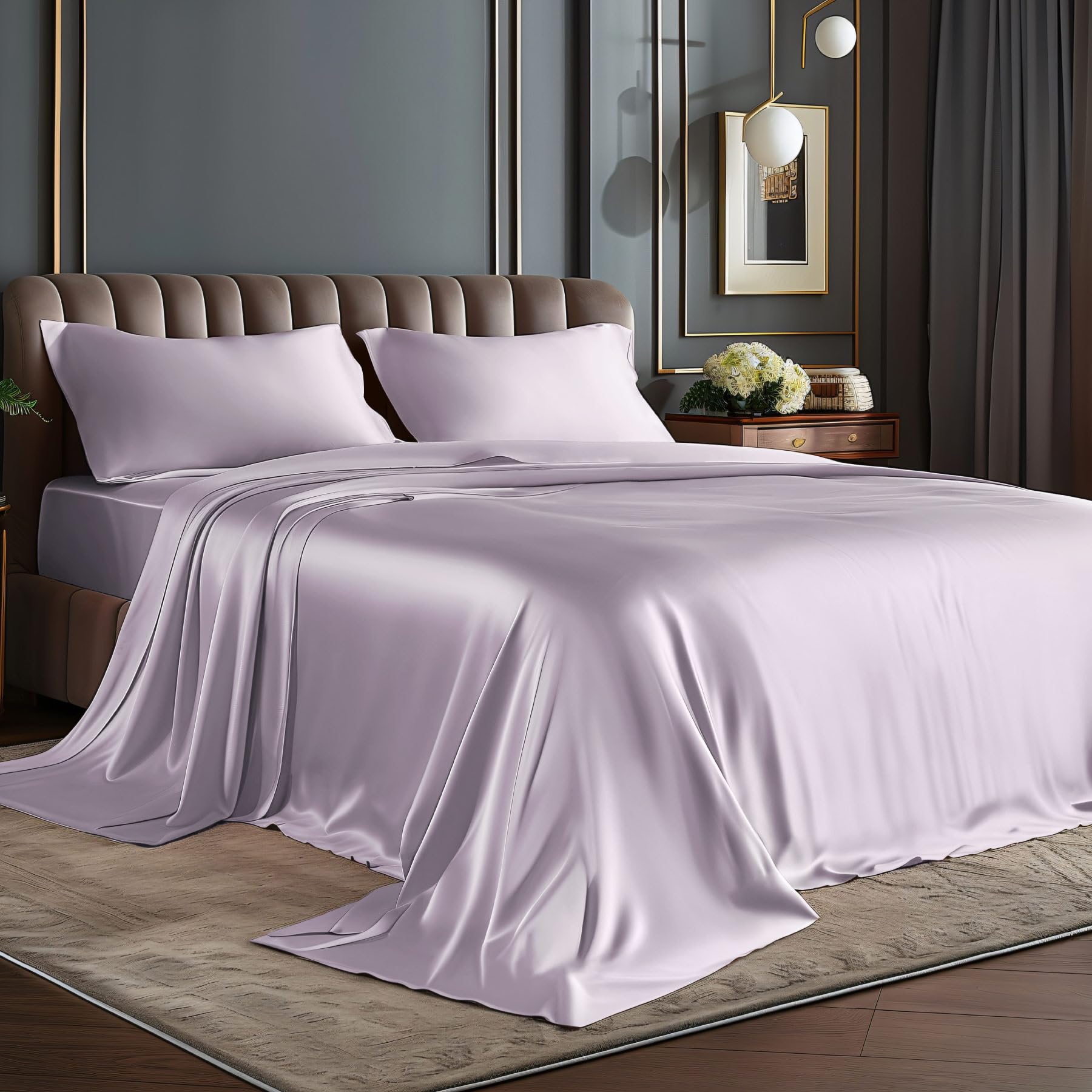 BEDELITE Satin Sheets Queen Size Bed Set, Luxury Soft Black Silky Sheets for Hair and Skin, Similar to Silk Bed Sheets Set 4 Pieces with 1 Deep Pocket Fitted Sheet, 1 Flat Sheet, and 2 Pillowcases