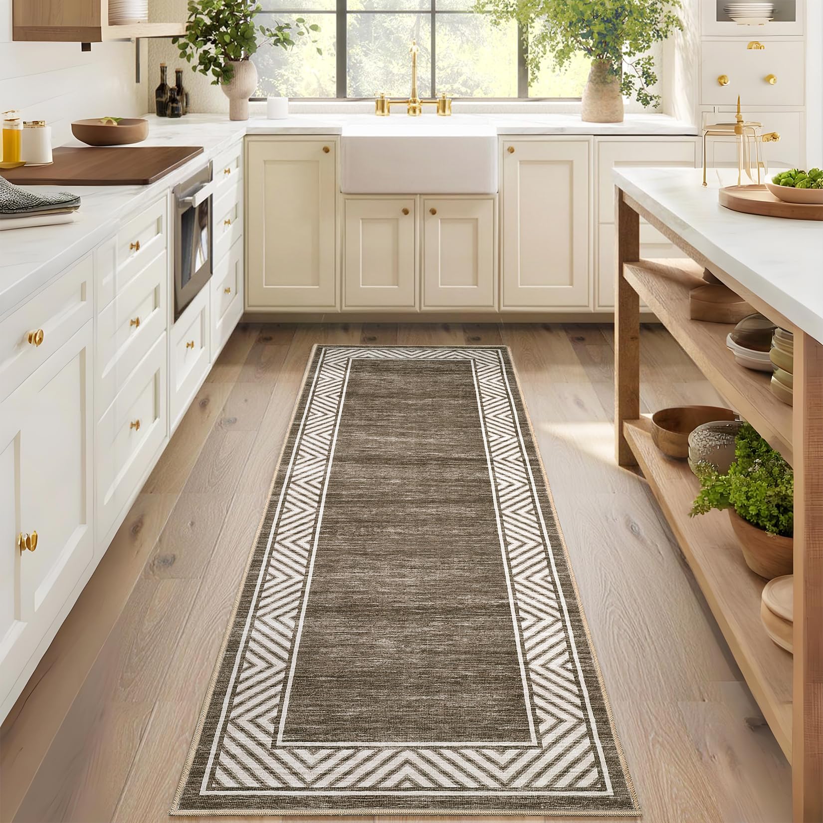 GarveeHome Modern Geometric Area Rug 5x7 Distressed Bordered Rug Washable Non Slip Floor Carpet Non Shedding Thin Rug, Soft Low Pile Rug, Contemporary Brown Rug for Dining Room, Living Room
